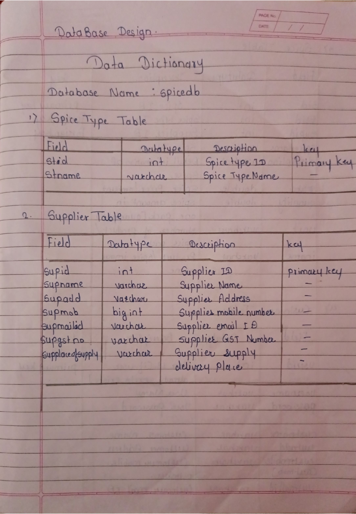 Project data dictionary - PAGE No DataBase Design DATE Data Dictionary ...