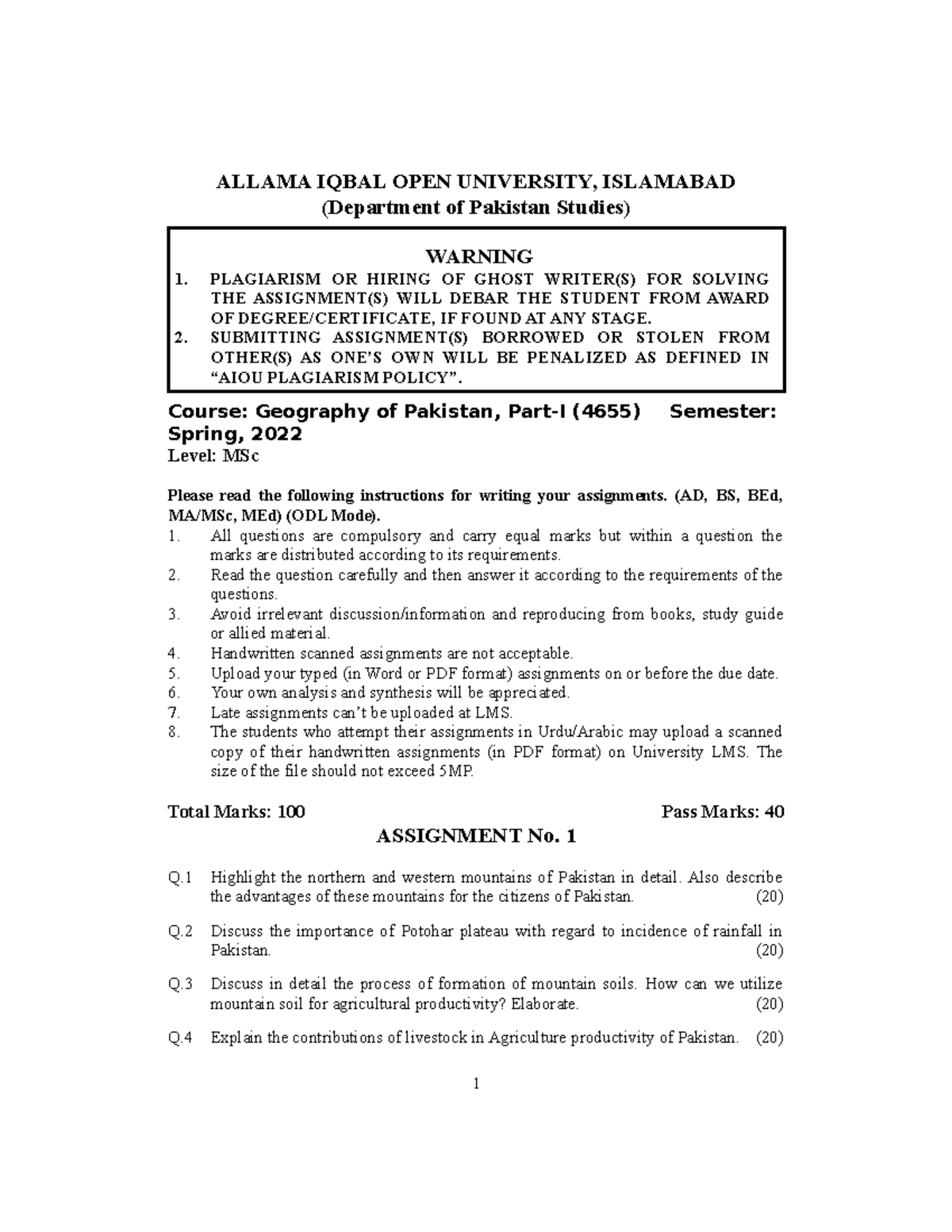 Geography of Pakistan (4655): Assignment Guidelines & Course Outline ...