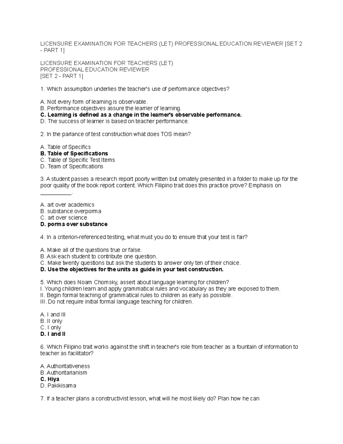 LET Professional Education Reviewer - Set 2 Part 1 & 2 - Studocu