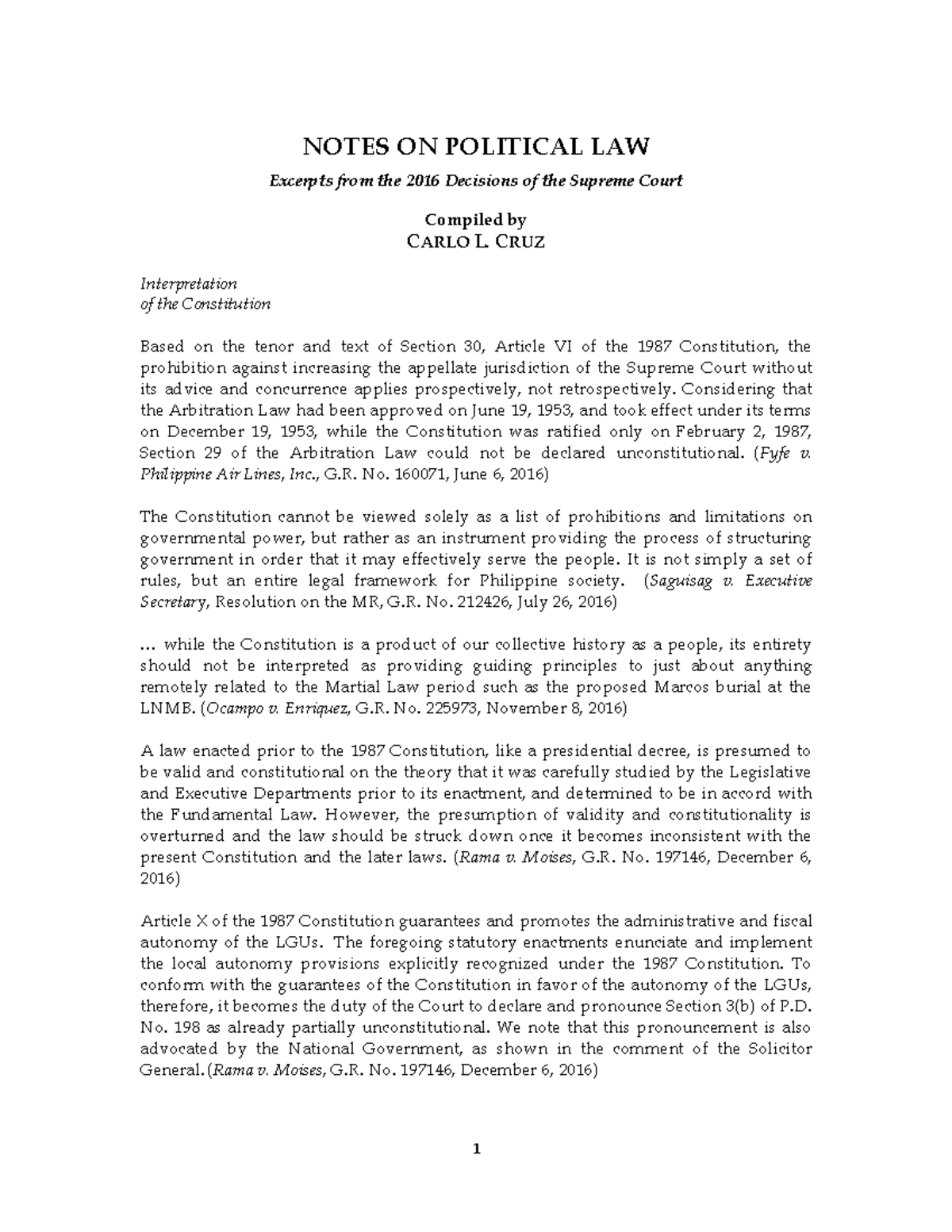 Political Law 2016 Cases Doctrines - NOTES ON POLITICAL LAW Excerpts ...