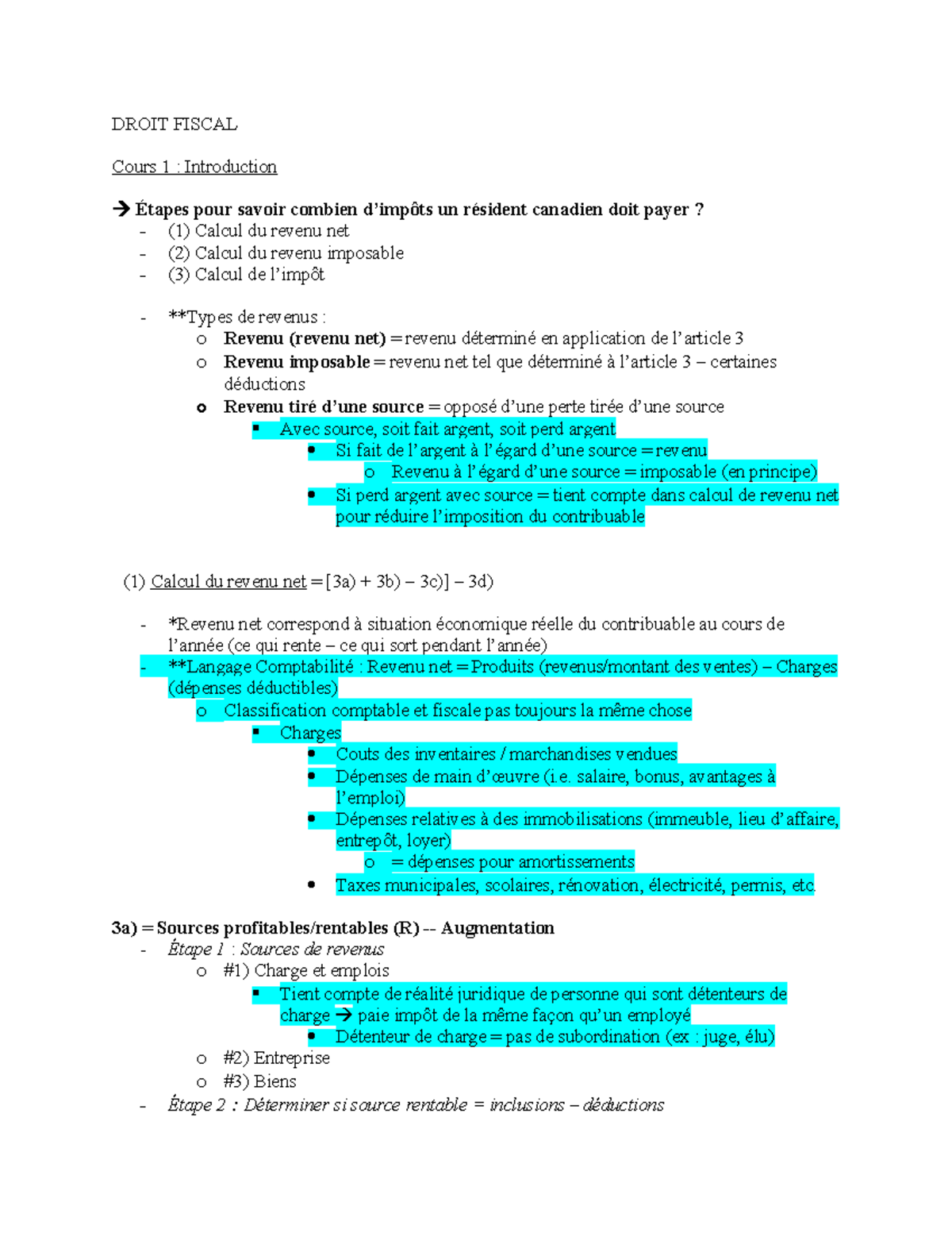 DROIT FISCAL Cours 1 : Introduction aux Calculs de Revenu et Imposition ...