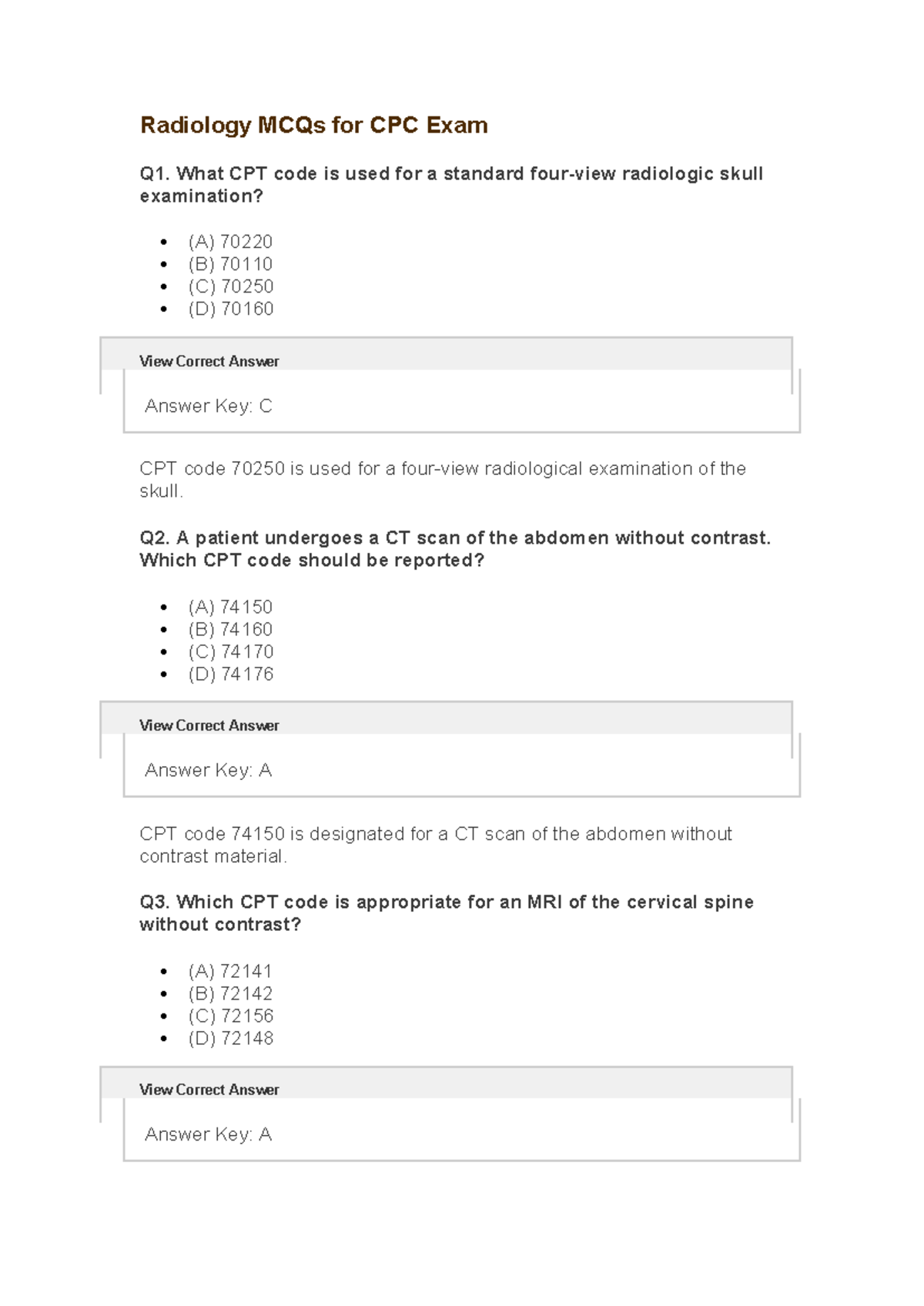 Radiology MCQs for CPC Exam: Key CPT Codes Explained - Studocu