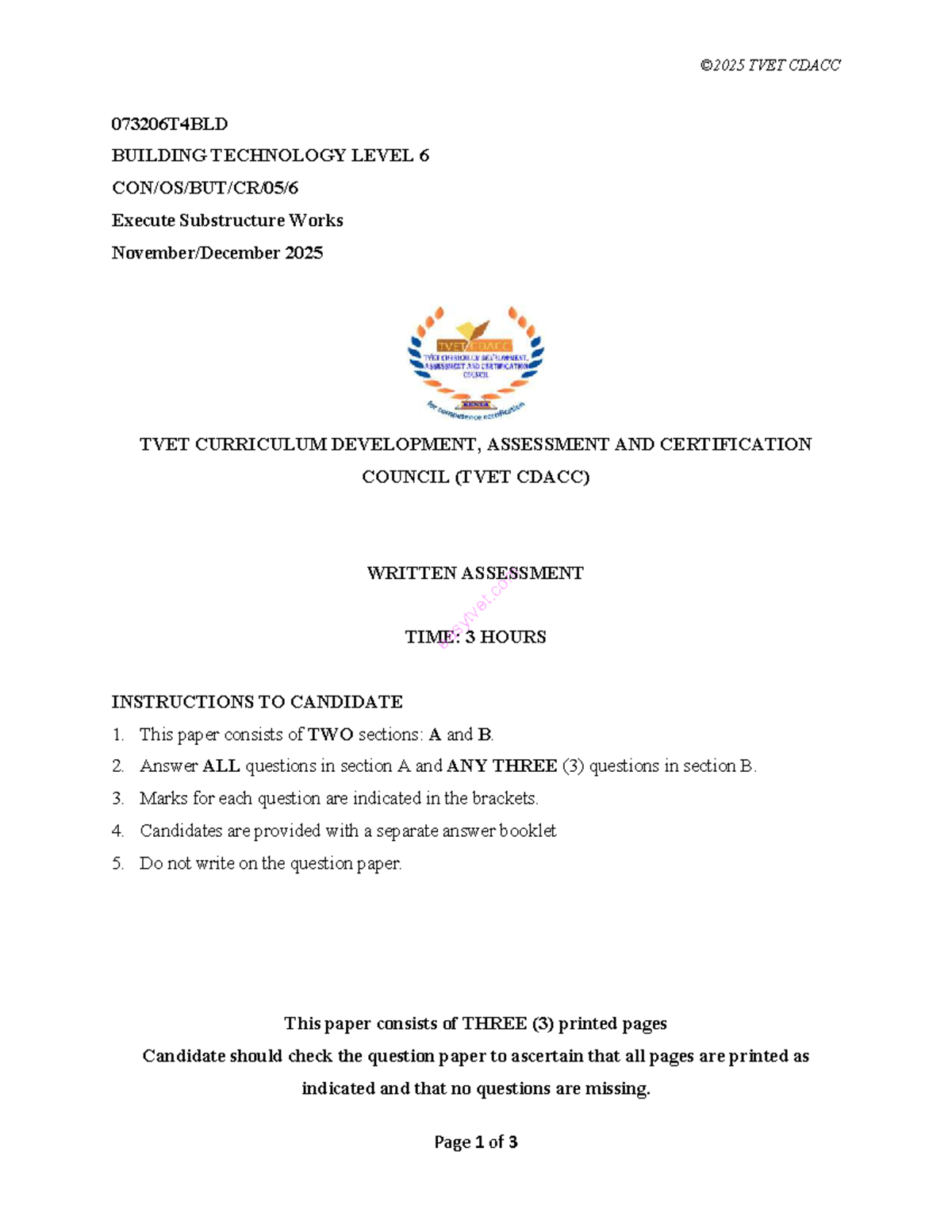 TVET CDACC 073206T4BLD Level 6 Substructure Works Assessment 2025 - Studocu