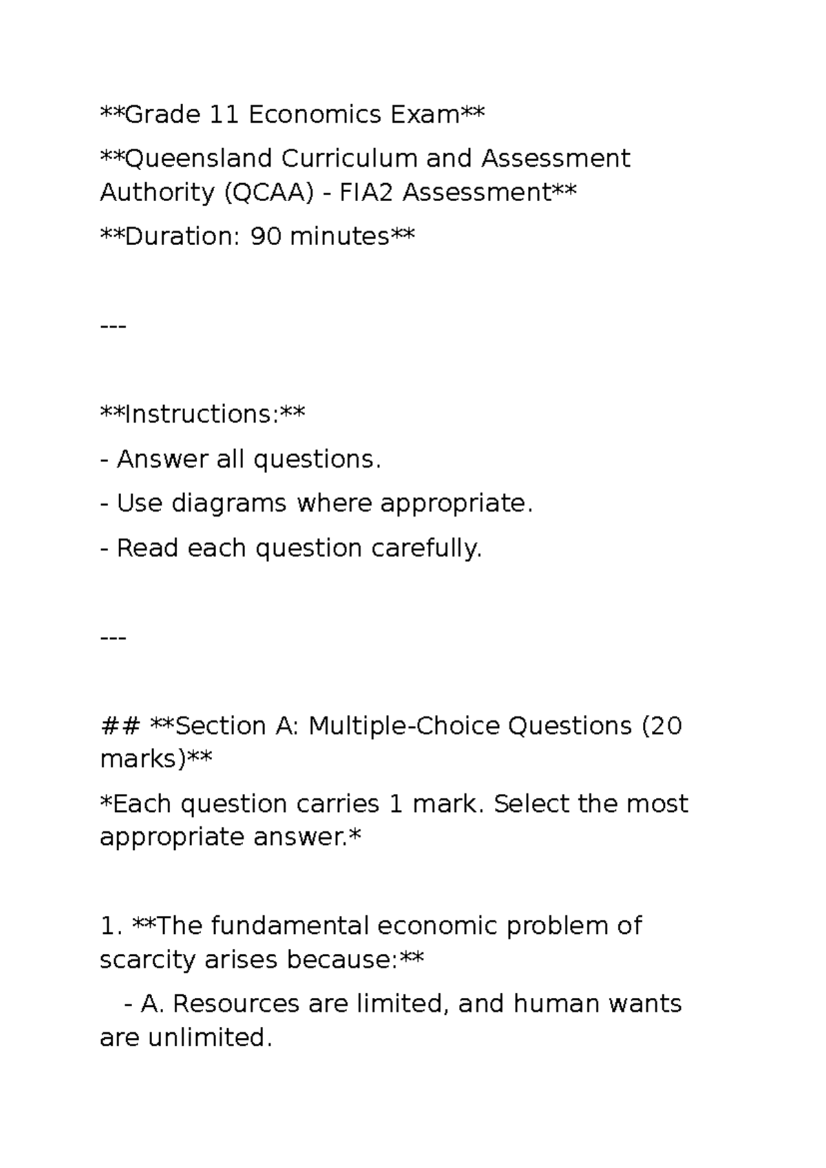 Grade 11 Economics Exam - FIA2: Questions & Diagrams - Studocu