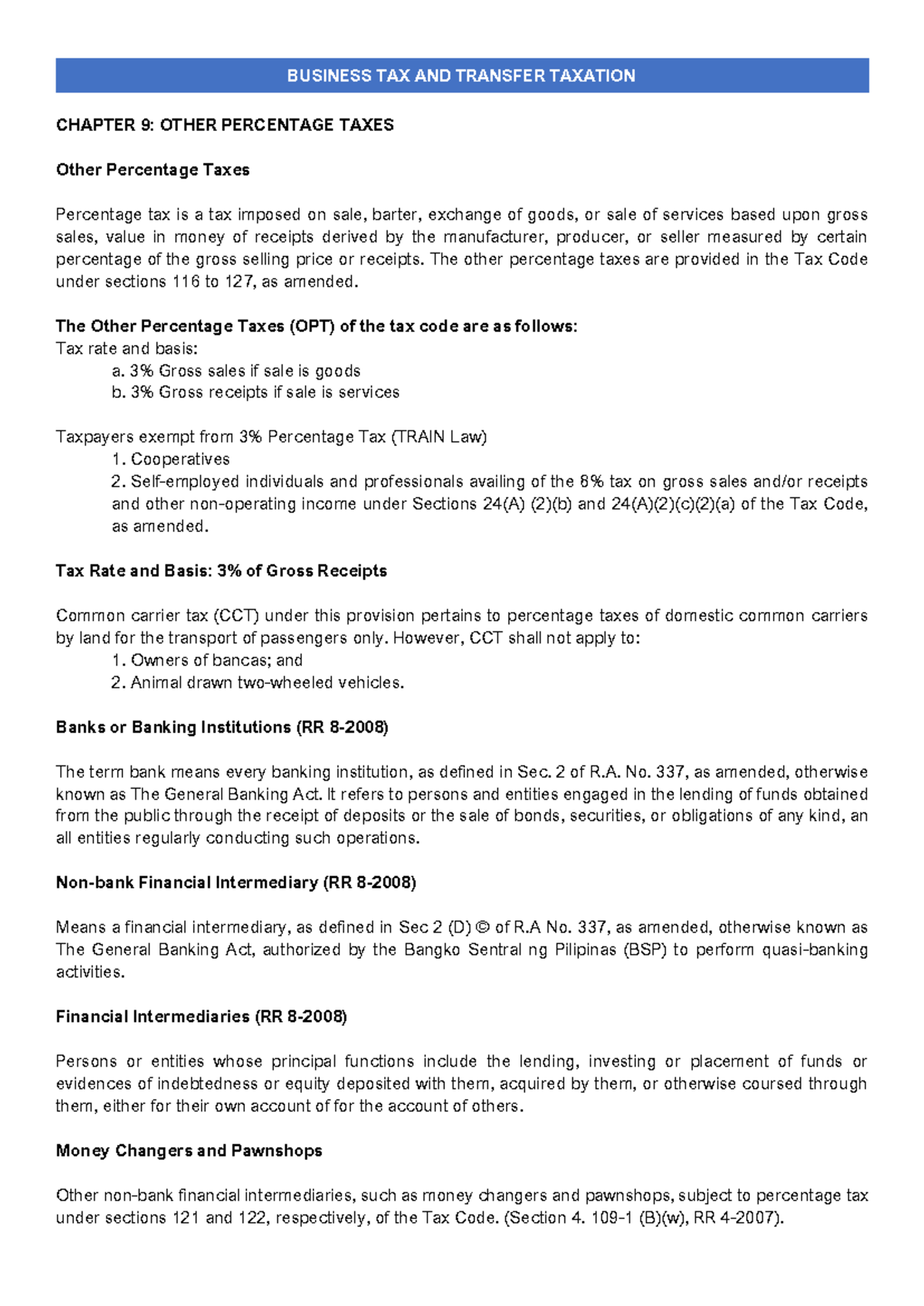 Chapter 9: Understanding Other Percentage Taxes in Tax Code - Studocu