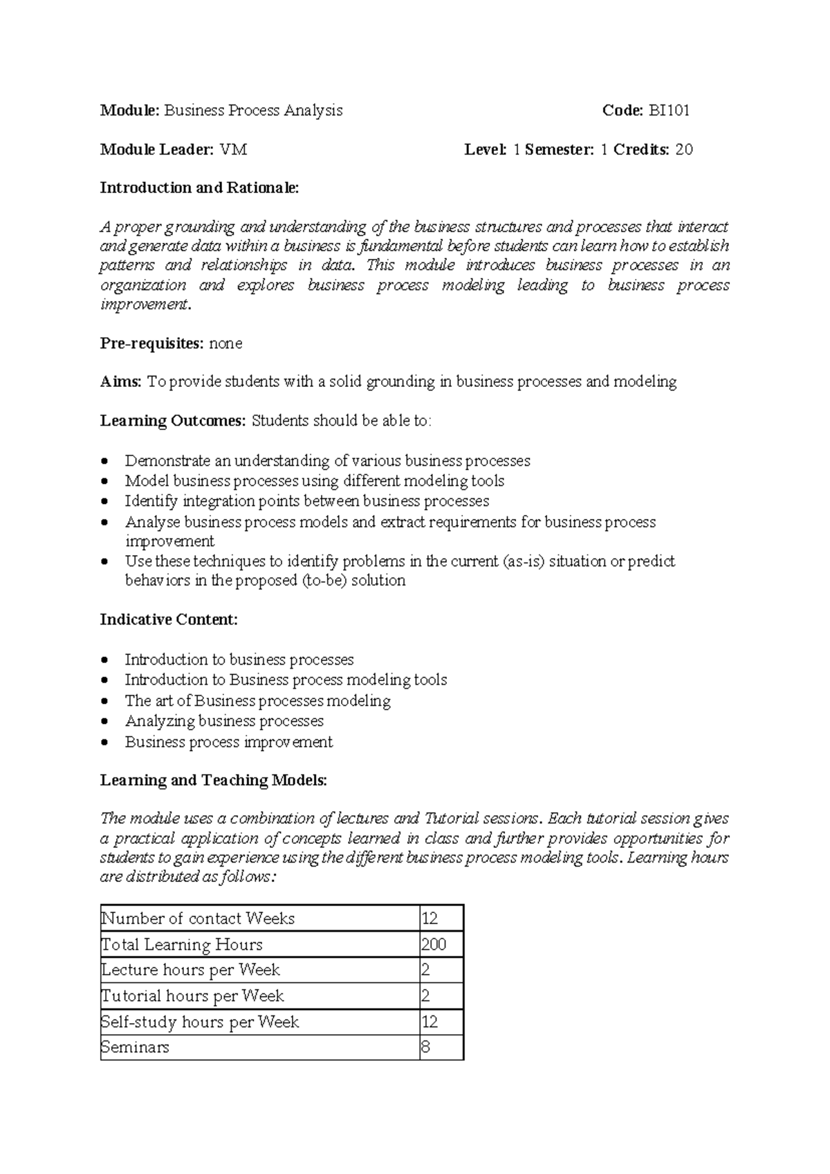 BI101 Business Process Analysis Module Overview and Learning Outcomes ...