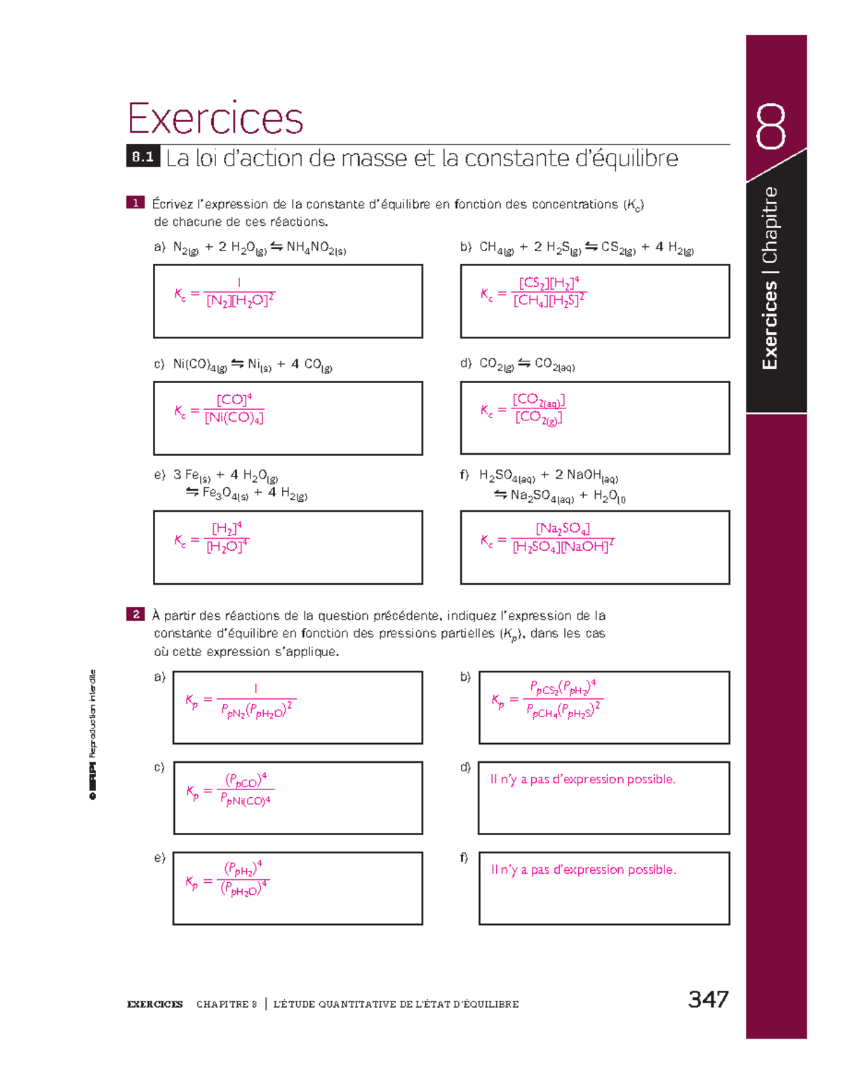 Chimie - Exercices Corrigés Chapitre 8 : Équilibre Chimique Kc - Studocu