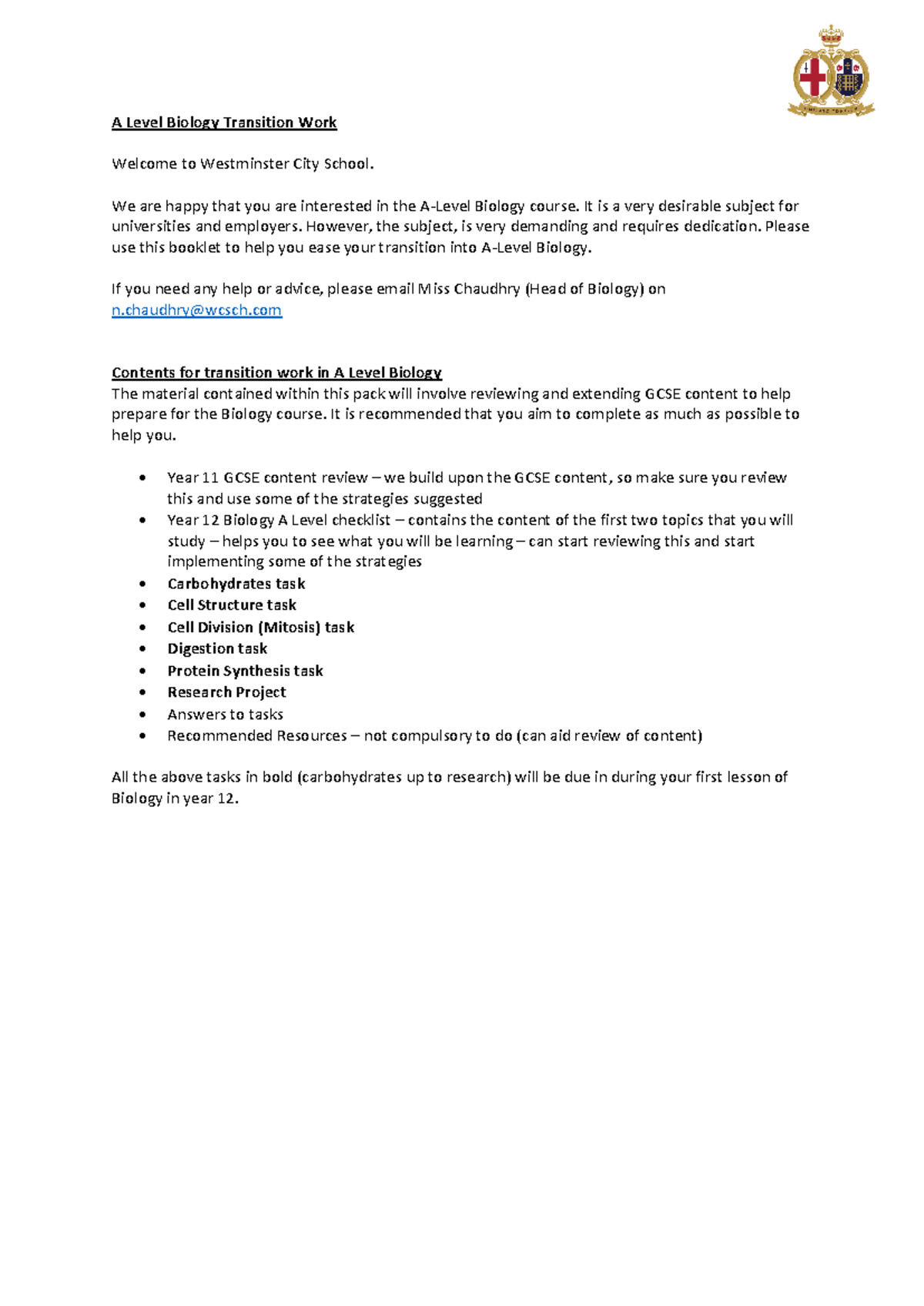 A-Level Biology Transition Work: Your Guide to Year 12 Success - Studocu