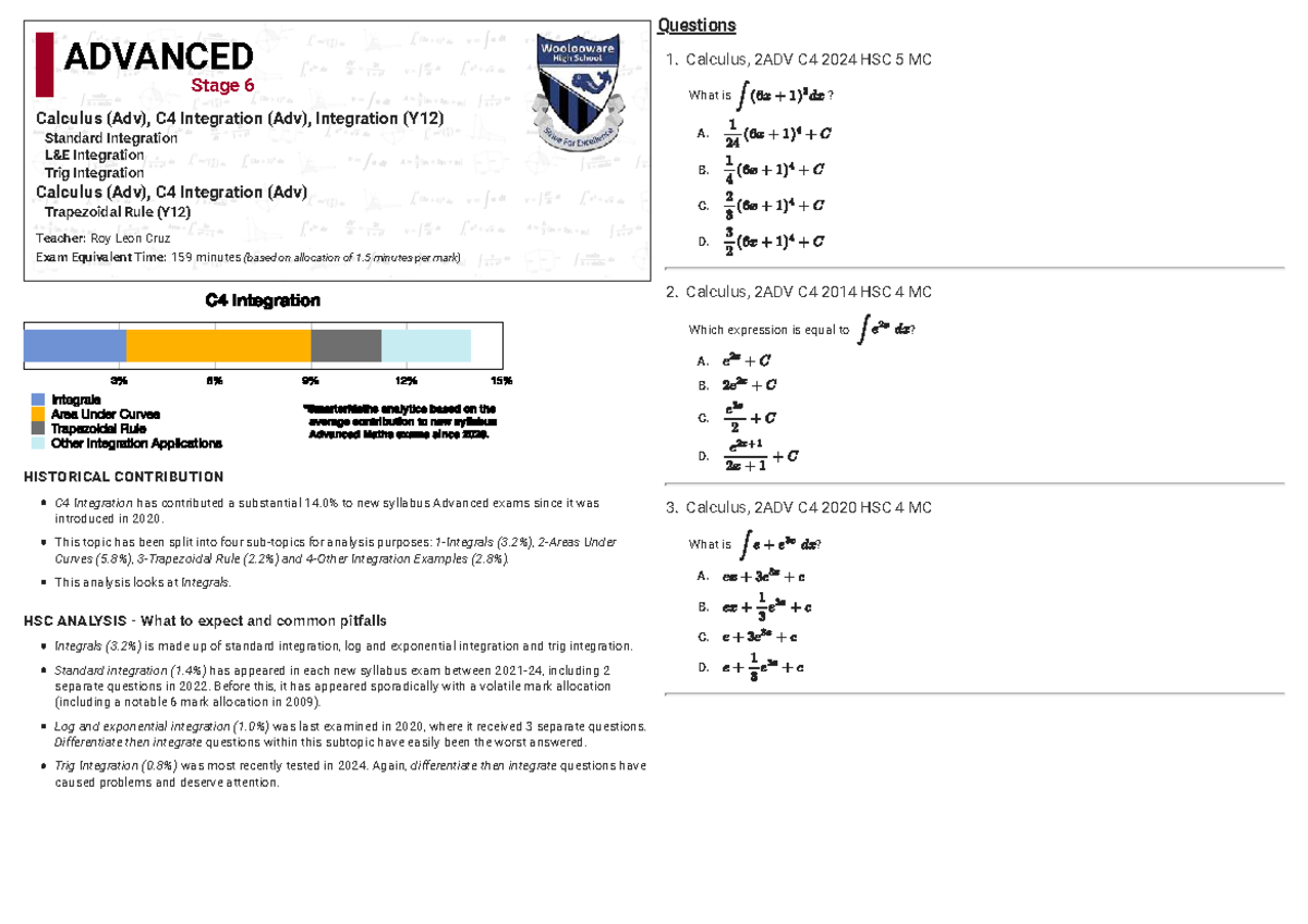 Integration Strategies for Advanced Calculus (2ADV C4) Exam Prep - Studocu