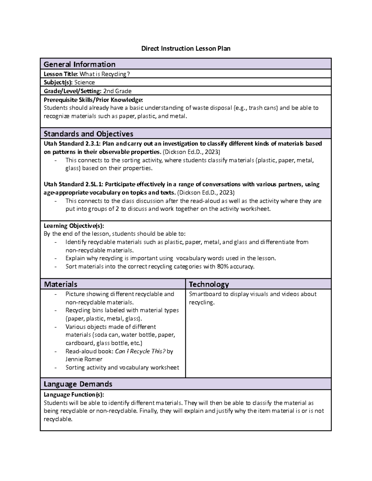 D164 Task 1 - Lesson Plan on Waste Disposal and Recycling - Studocu