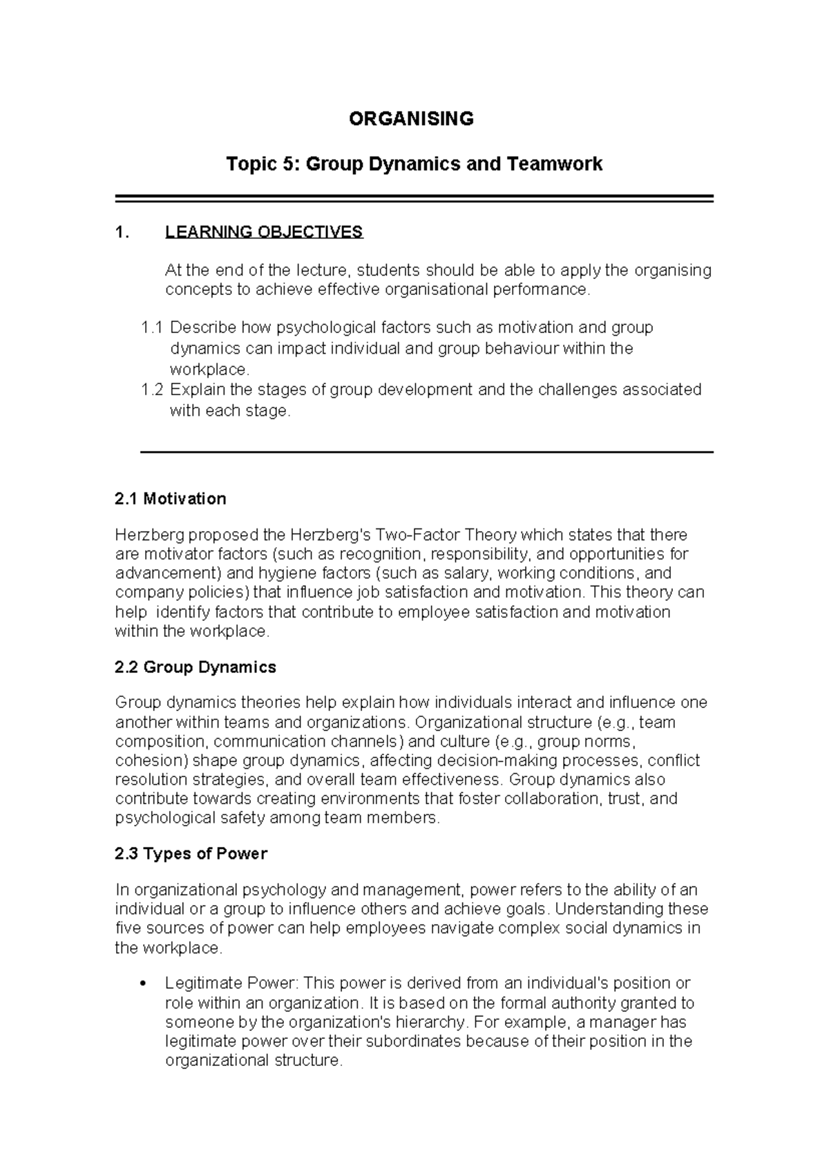 Week 06-07 Lecture: Organising - Group Dynamics & Teamwork - Studocu