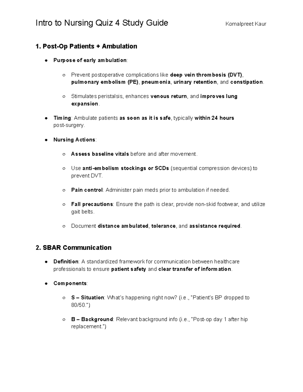 Intro to Nursing Quiz 4 Study Guide by Komalpreet Kaur - Studocu