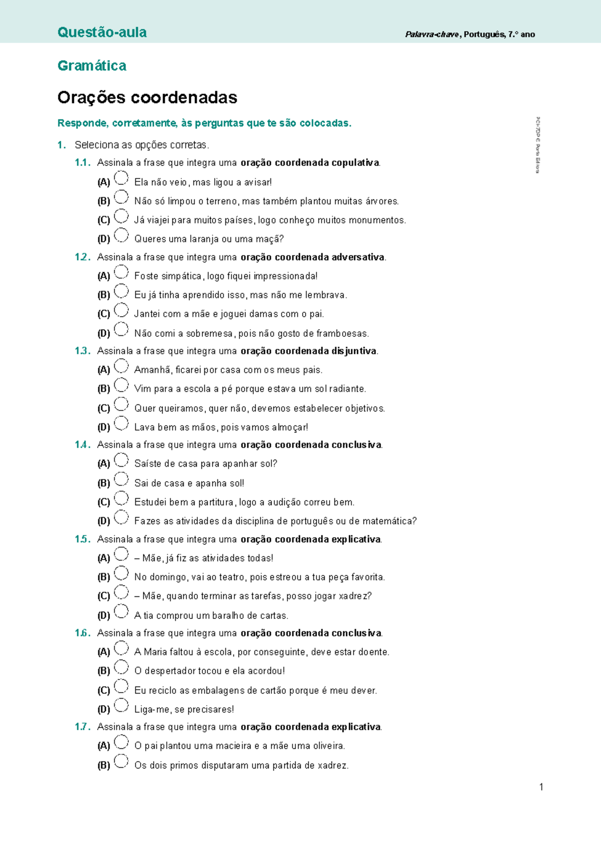 Português, ano Gramática: Questões sobre Orações Coordenadas - Studocu