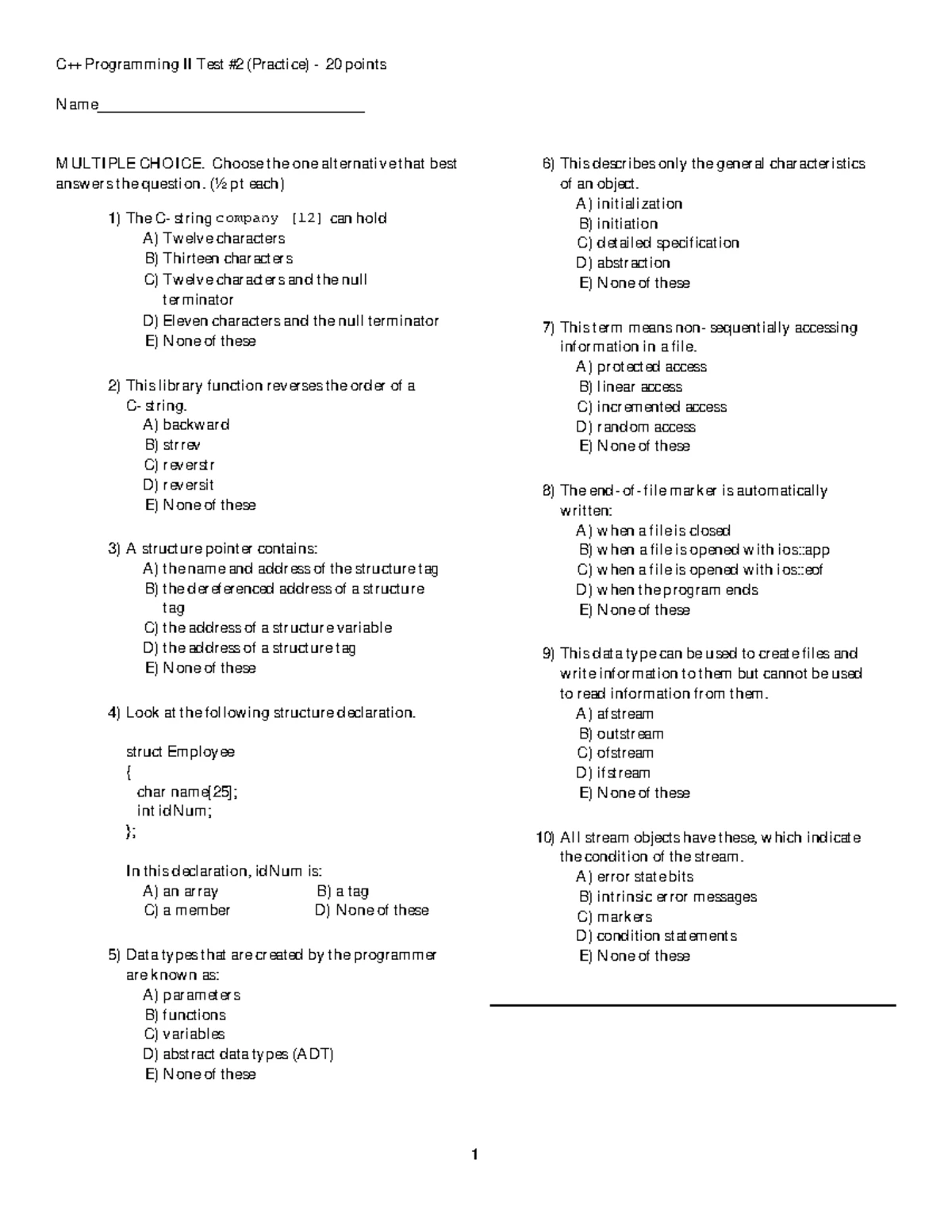 Test3prac - Practice for exam 3 - C++ Programming II Test #3 (Practice ...