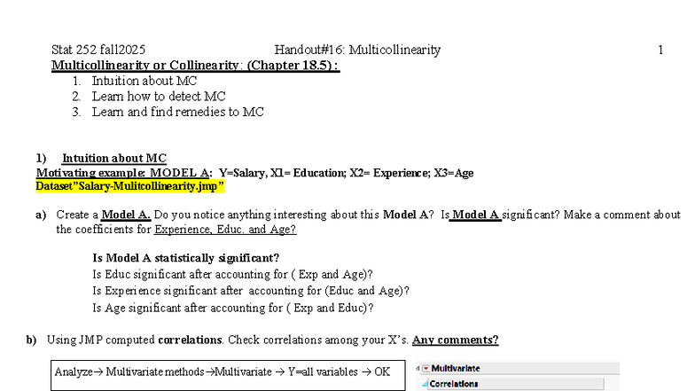 Stat 252 Fall 2025: Understanding and Detecting Multicollinearity - Studocu