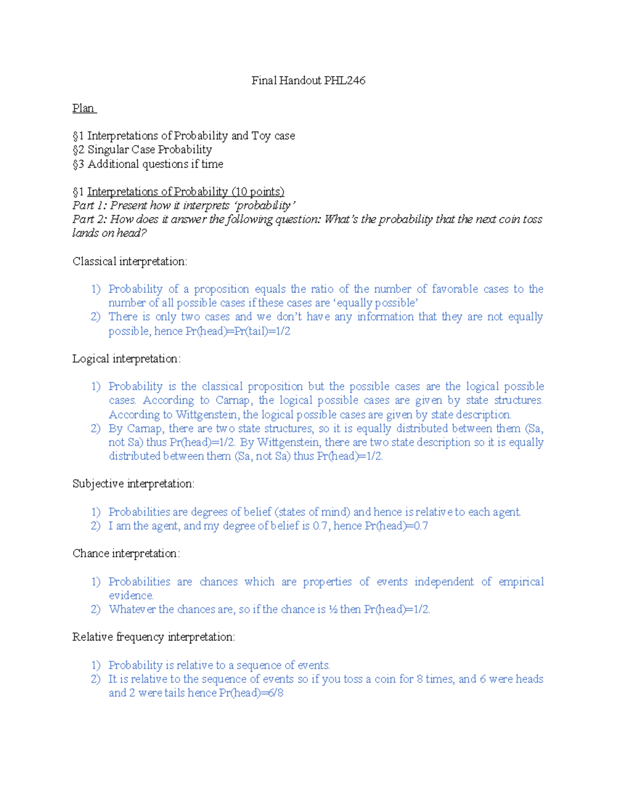 Final Exam PHL246 Interpretations of Probability & Singular Cases - Studocu