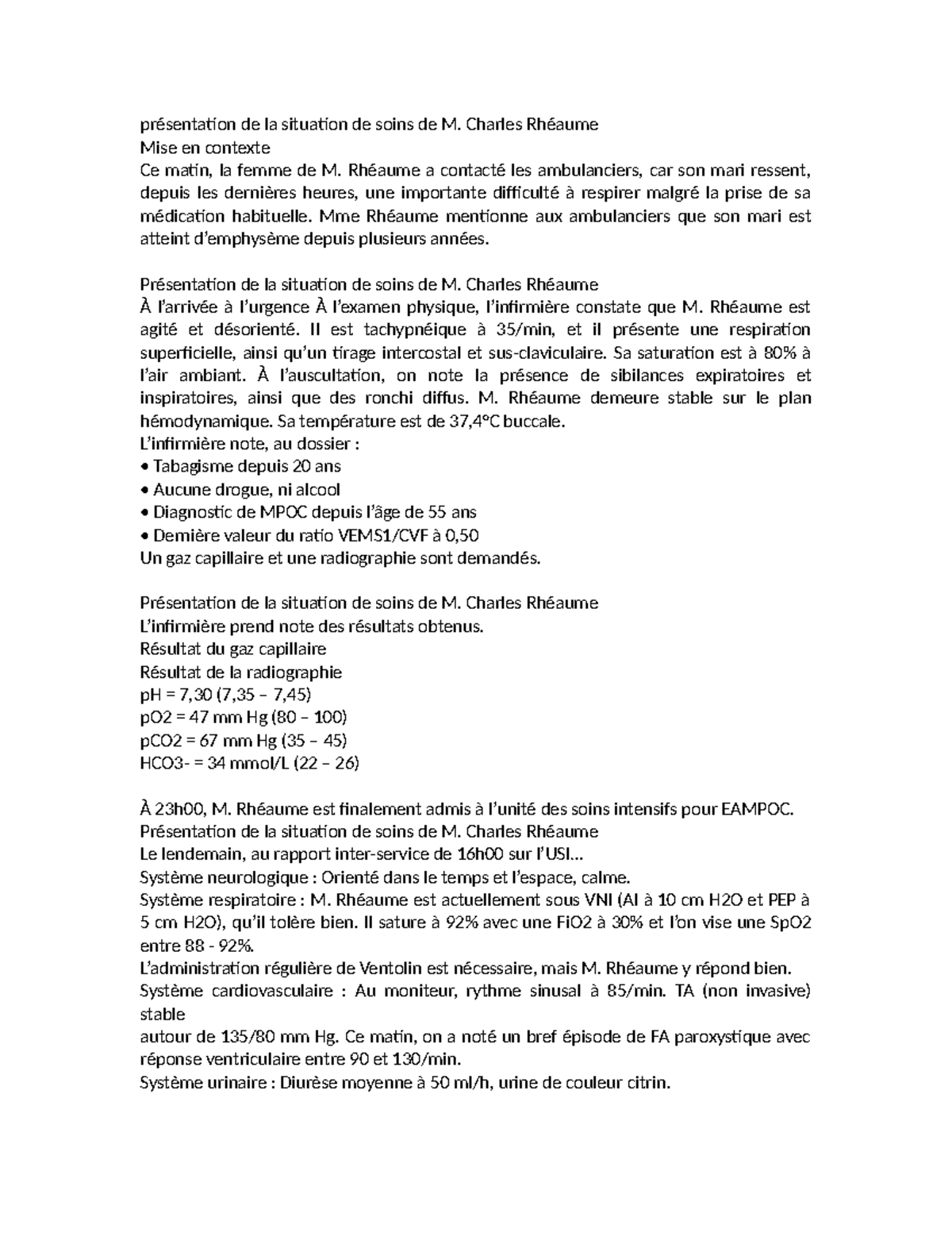 Situation de Soins de M. Charles Rhéaume - Cas Clinique EAMPOC - Studocu