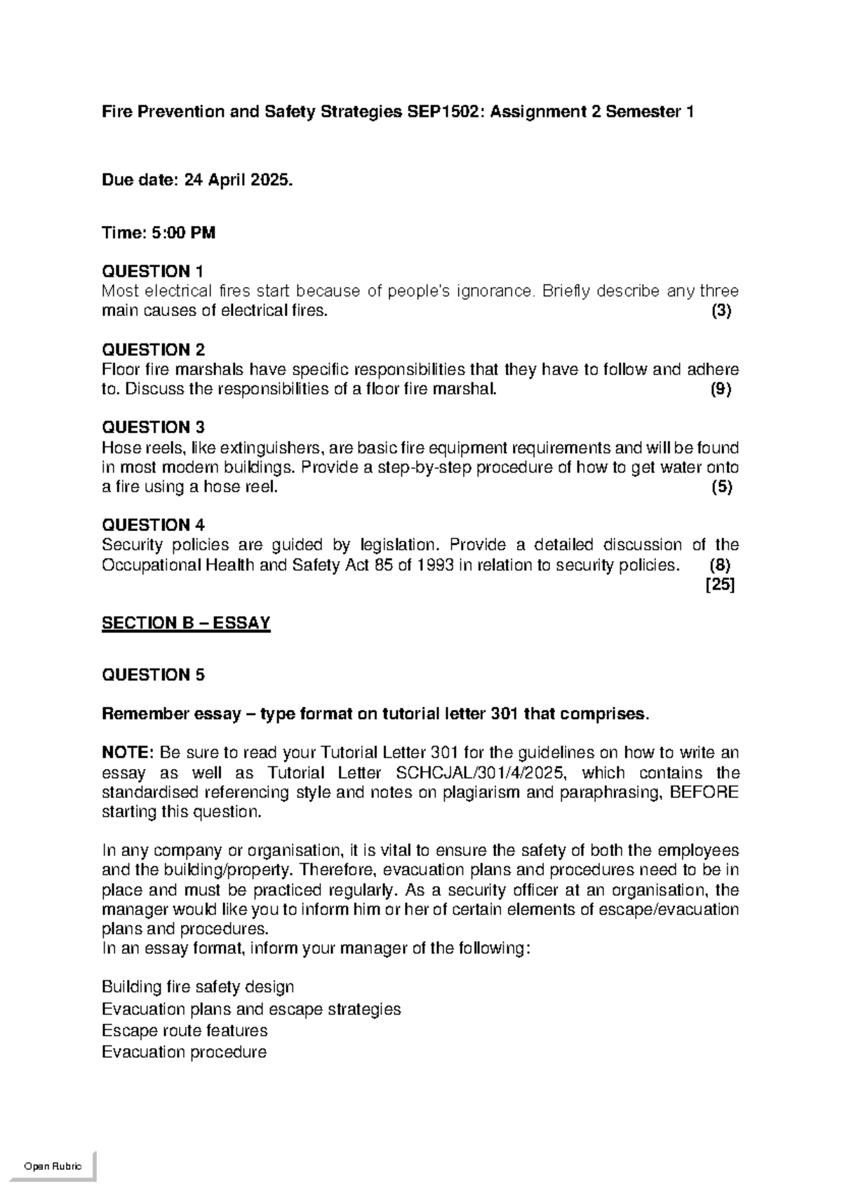 Fire Prevention & Safety Strategies SEP1502: Assignment 2 Overview ...