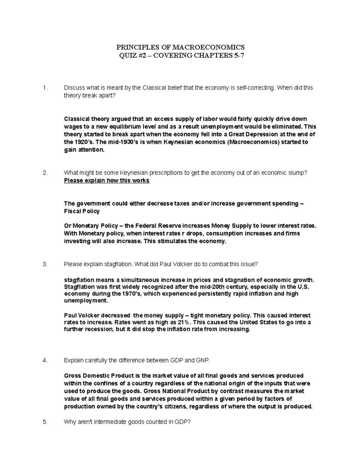Quiz 2 Answers - Macroeconomics Concepts from Chapters 5 - Studocu