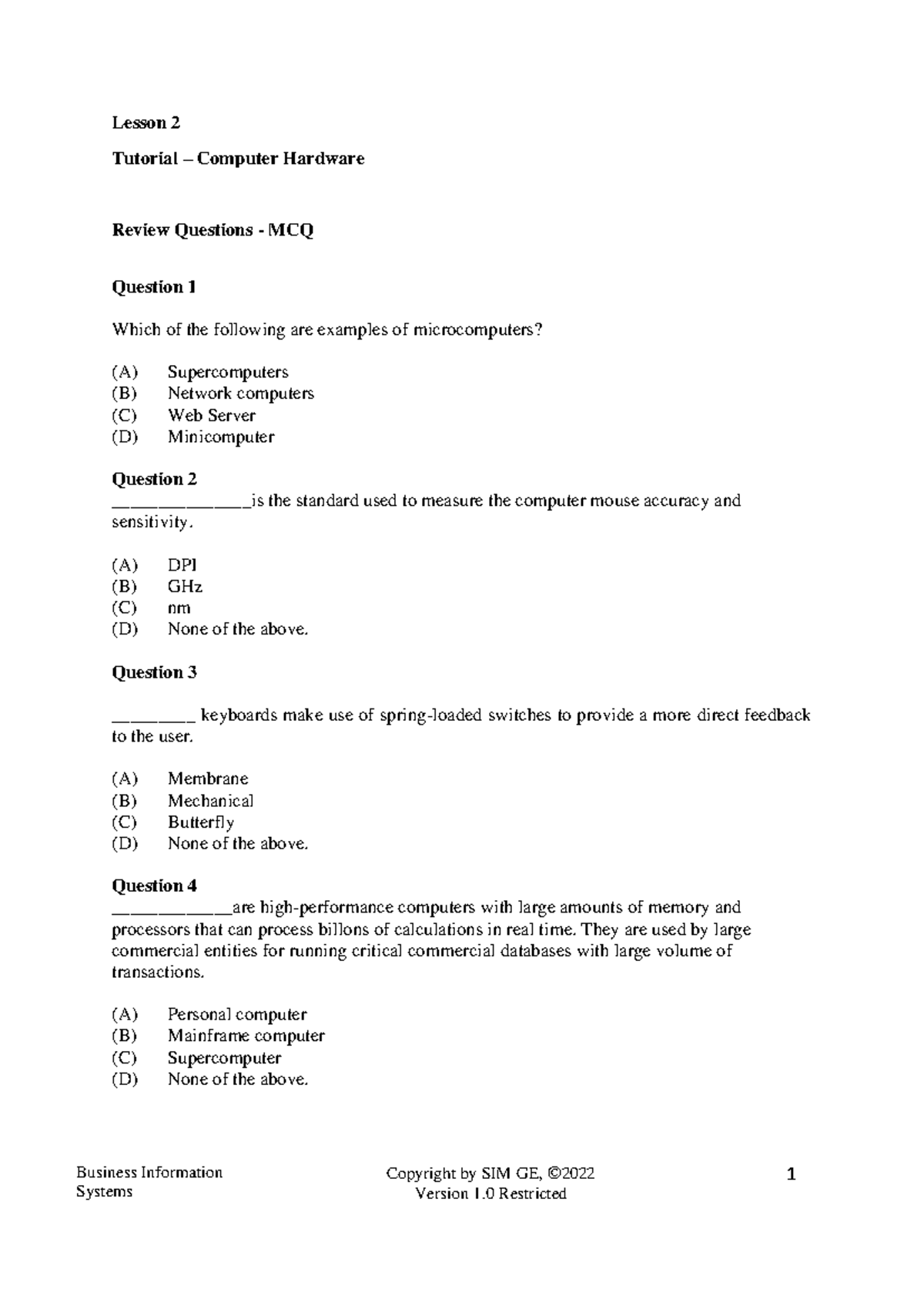 Lesson 2 - Tutorial Questions Computer Hardware - Business Information ...