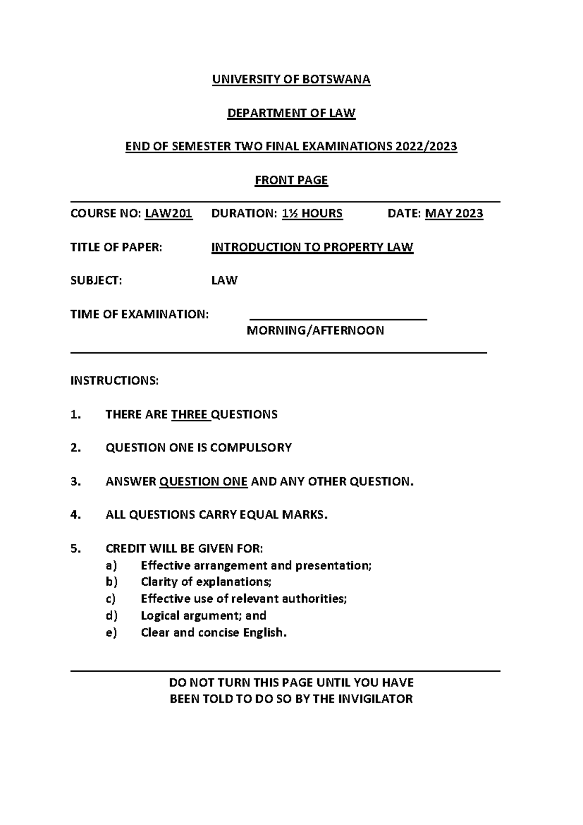 LAW201: Final Exam on Introduction to Property Law - May 2023 - Studocu