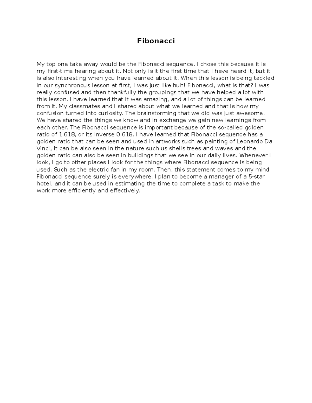 Reflection on the Fibonacci Sequence in Class Learning Experience - Studocu