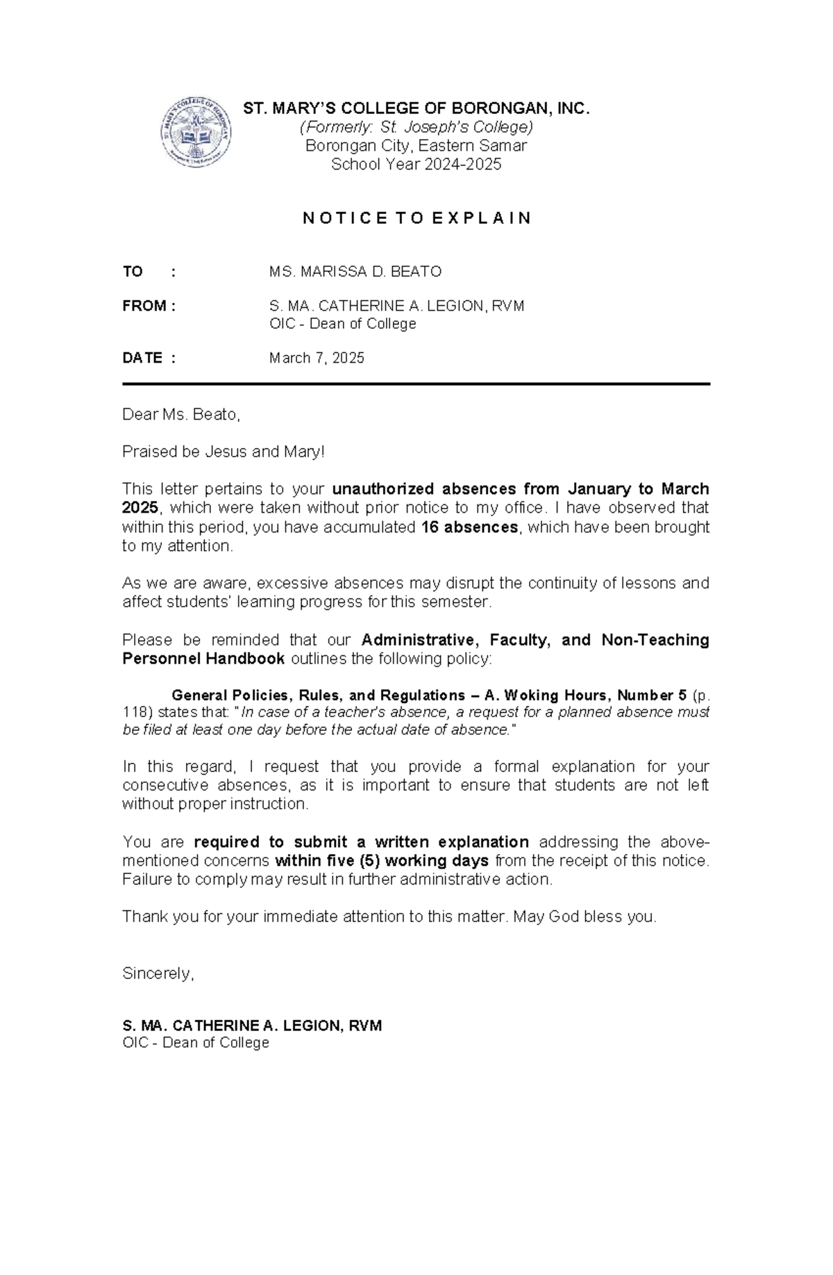 NTE 2025: Notice to Explain for Ms. Marissa D. Beato - Studocu