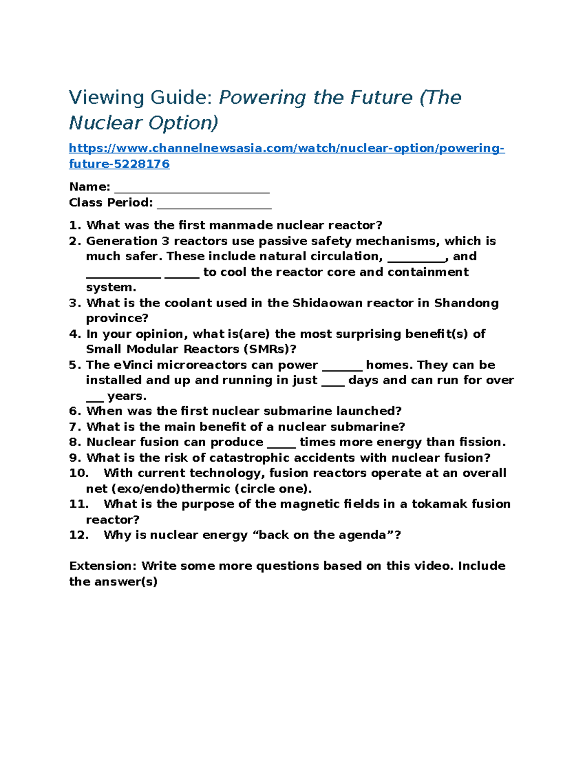 VG Nuke Option E1: Viewing Guide for Powering the Future - Studocu