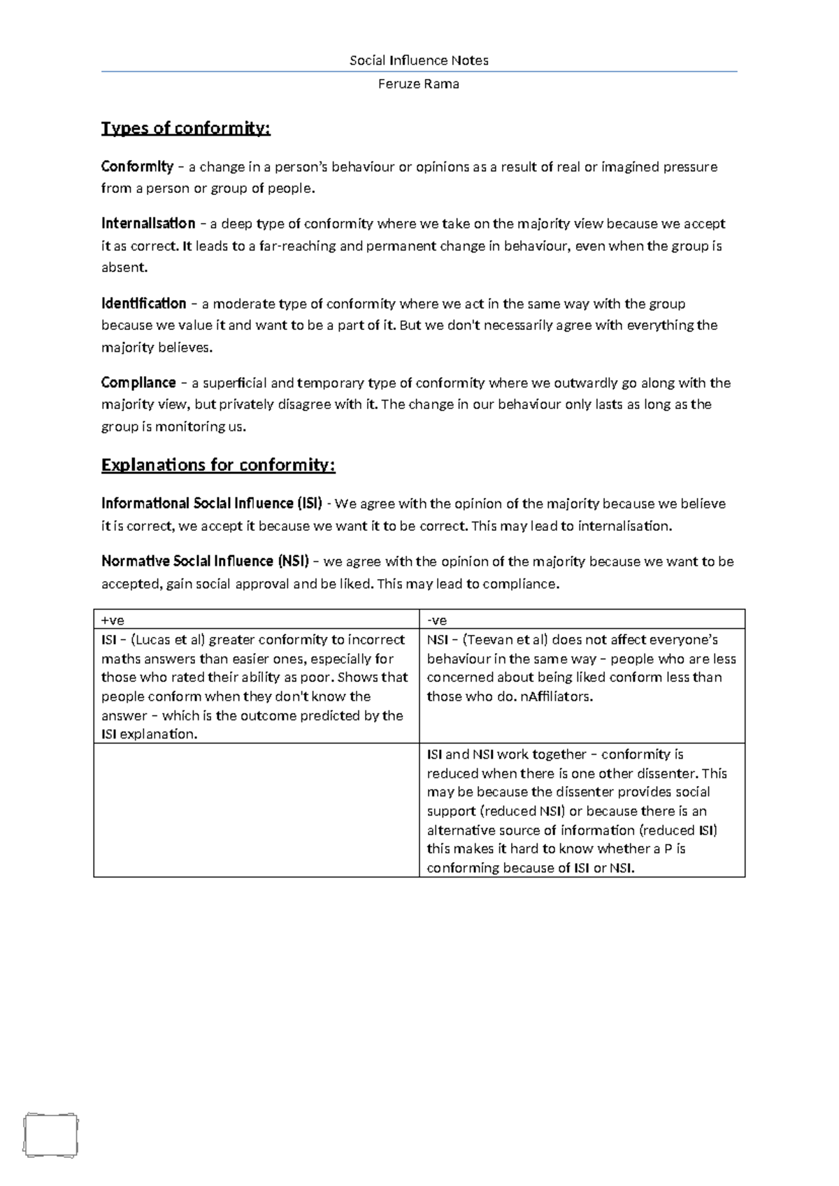 Conformity and Social Influence Notes (PSY101) - Studocu