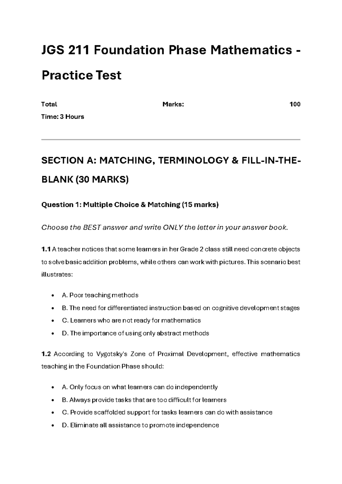 JGS 211 Foundation Phase Mathematics Practice Test: Comprehensive ...