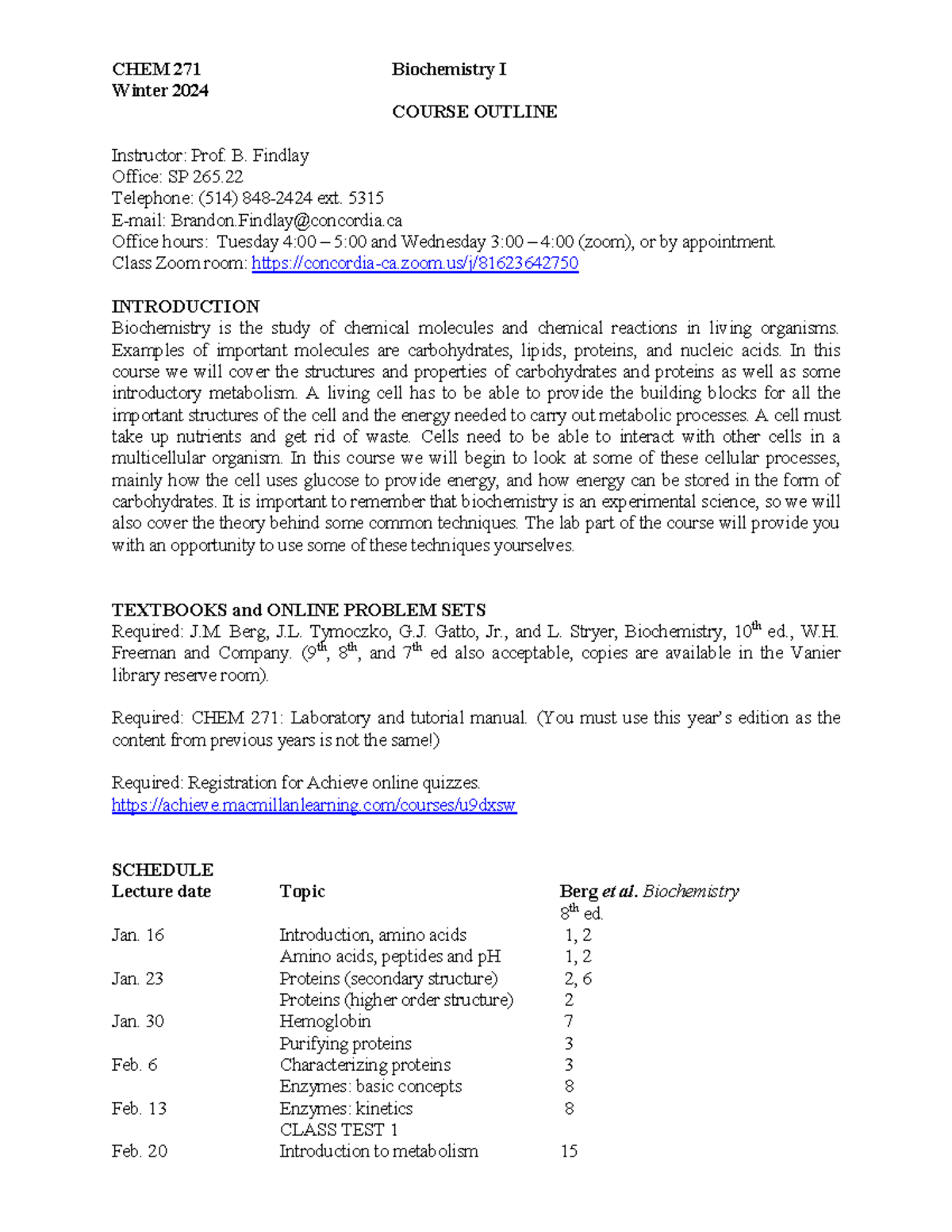 CHEM 271 Biochemistry I Syllabus - Winter 2024 Course Outline - Studocu