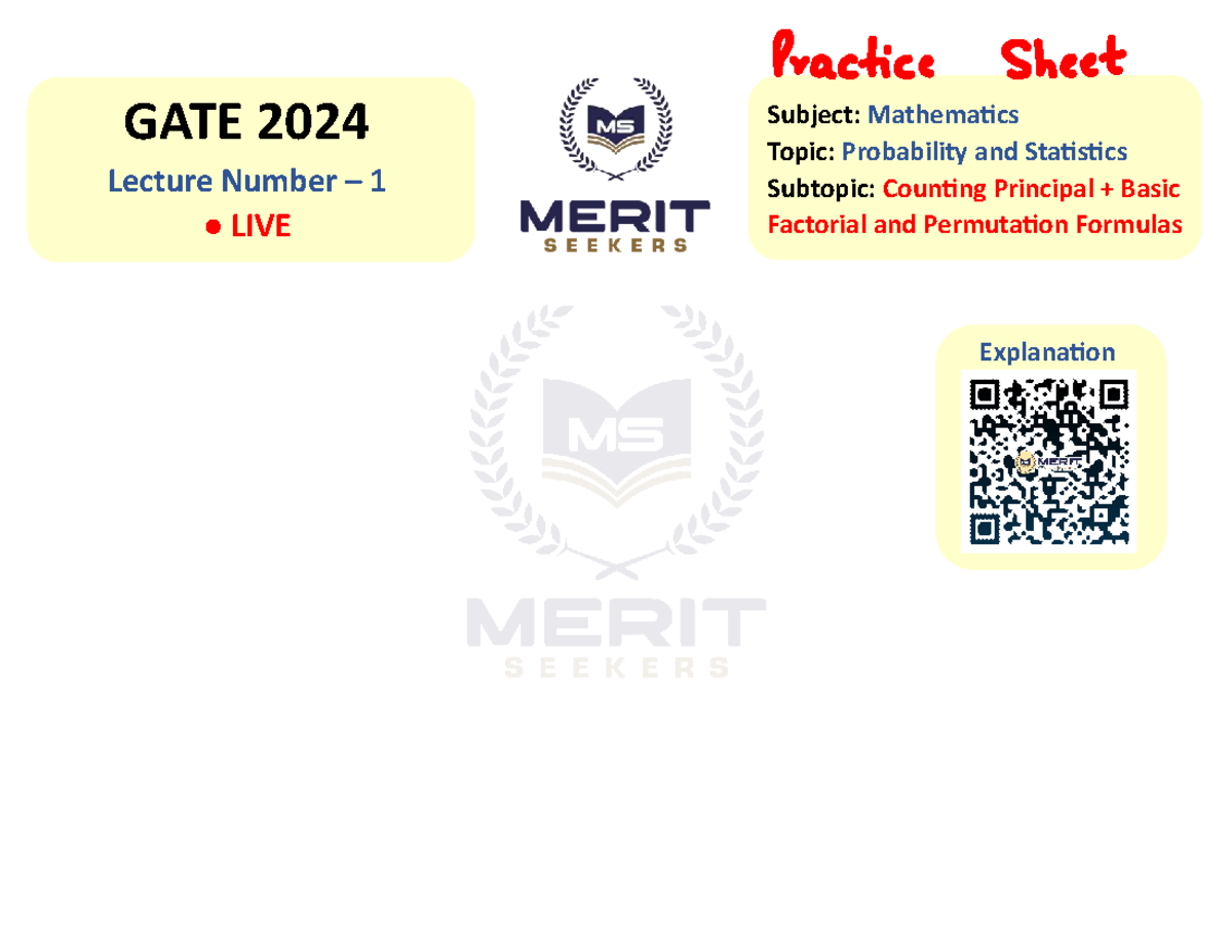 GATE 2024 Lecture 1: Probability & Statistics Practice Questions - Studocu