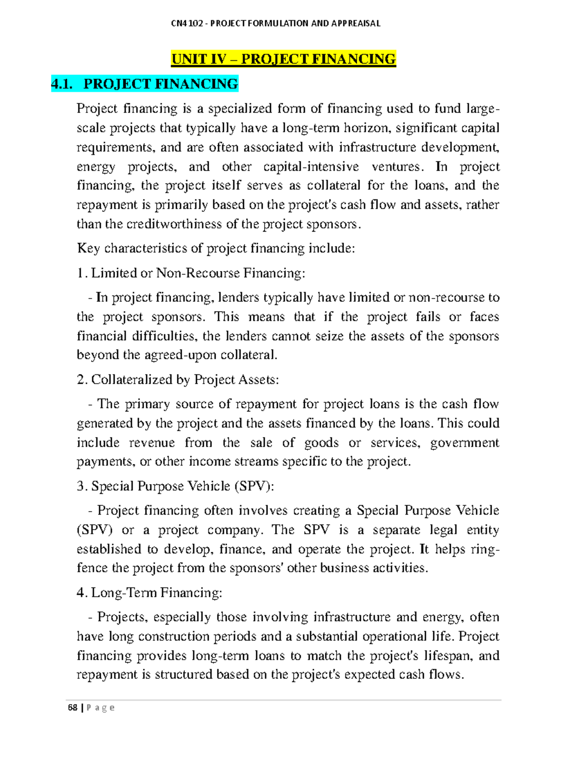 CN4102 PROJECT FORMULATION AND APPRAISAL: UNIT IV - PROJECT FINANCING ...