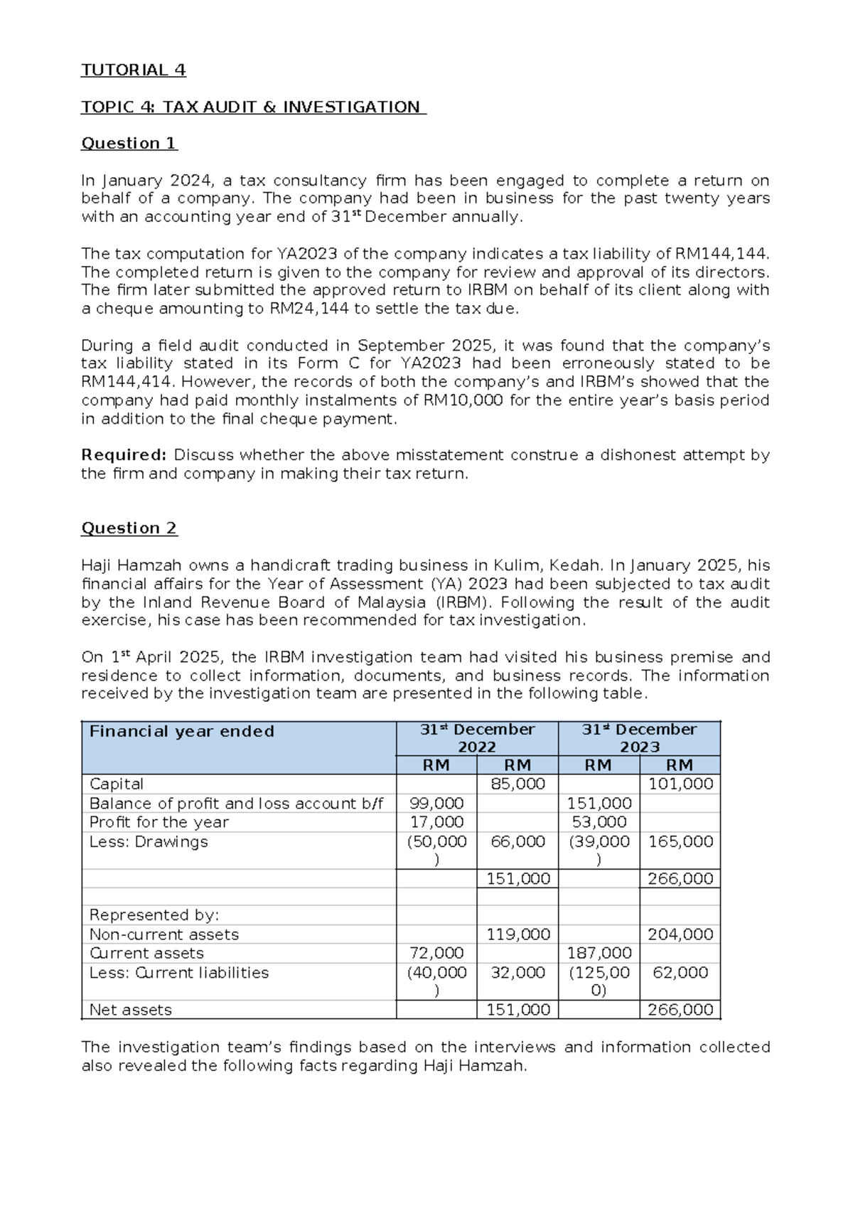 TUTORIAL 7: TAX AUDIT INVESTIGATION CASE STUDIES & ANALYSIS - Studocu