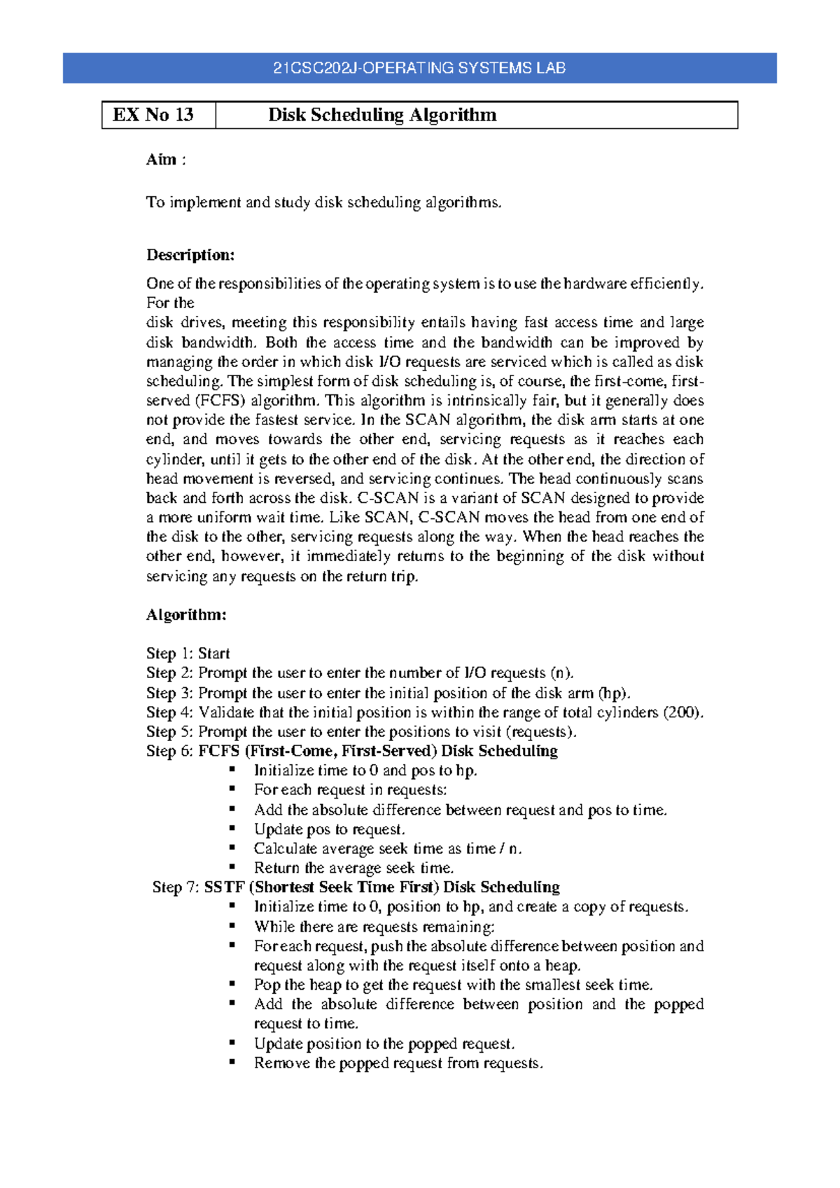 SYSTEMS LAB EX No 13-15: Disk Scheduling & File Allocation Algorithms ...