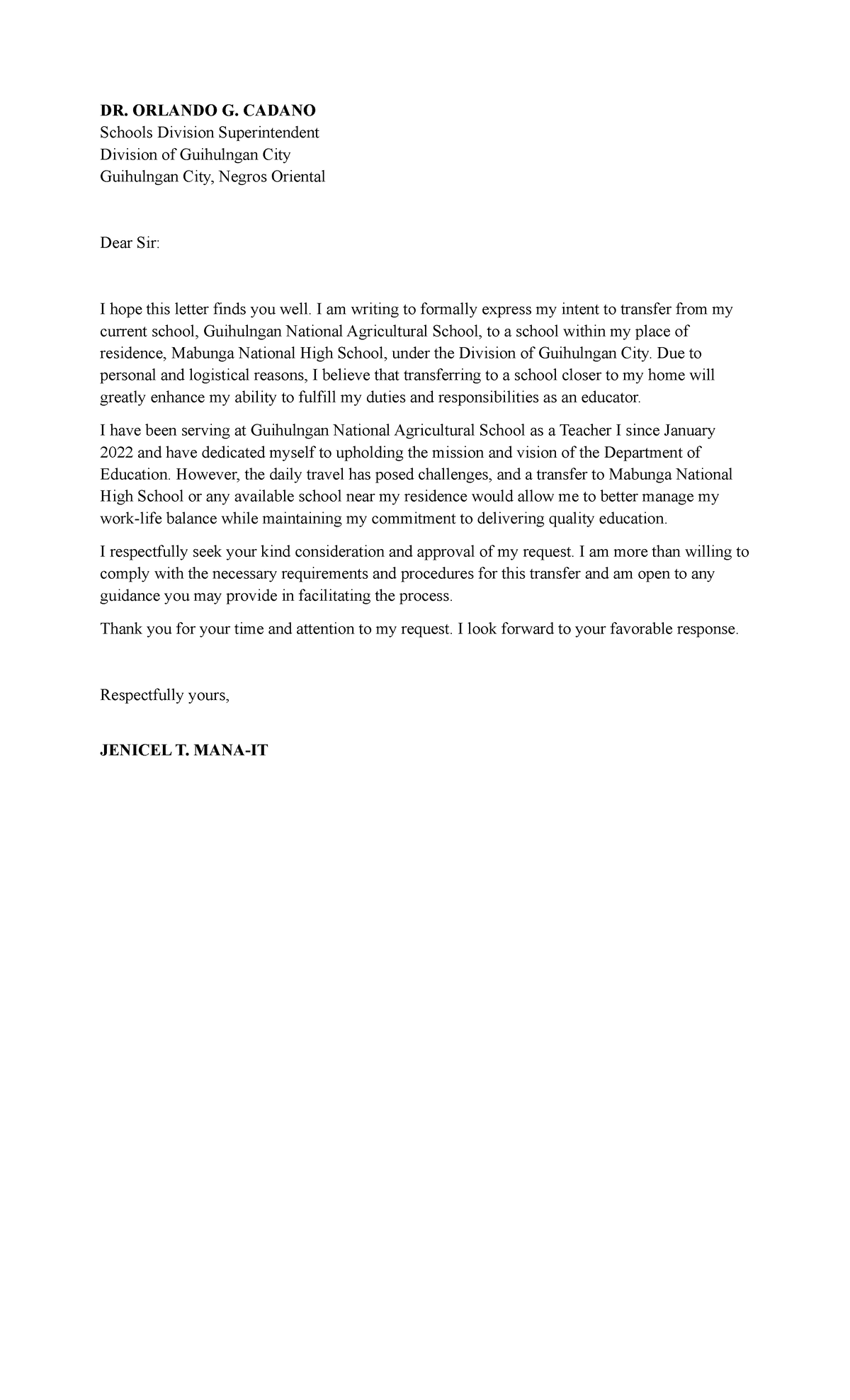 Letter of intent - Study Notes - DR. ORLANDO G. CADANO Schools Division ...