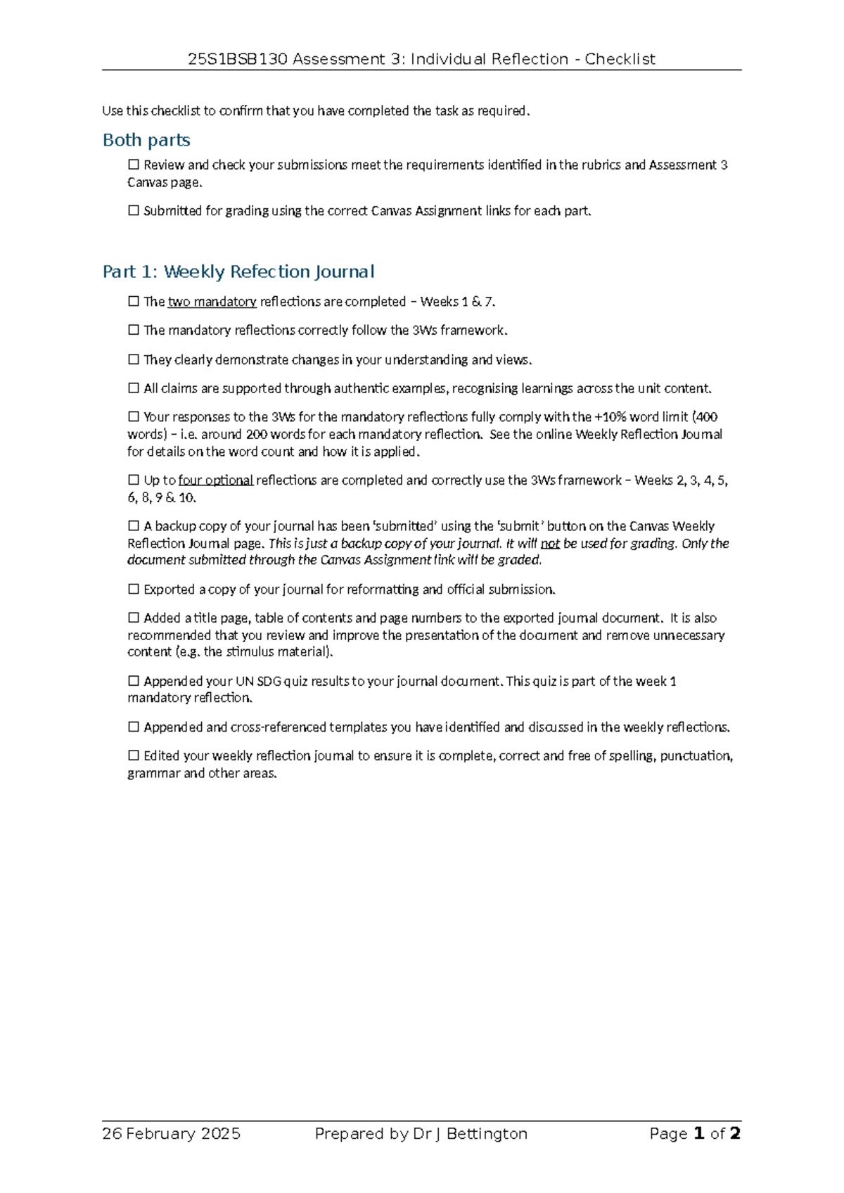 25S1 BSB130 Assessment 3: Individual Reflection Checklist - Studocu