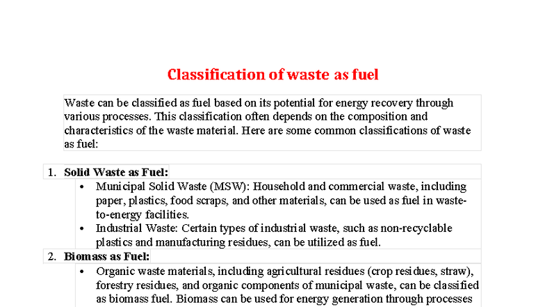 WTOE Module 1 - Key Notes on Waste to Energy Classification - Studocu