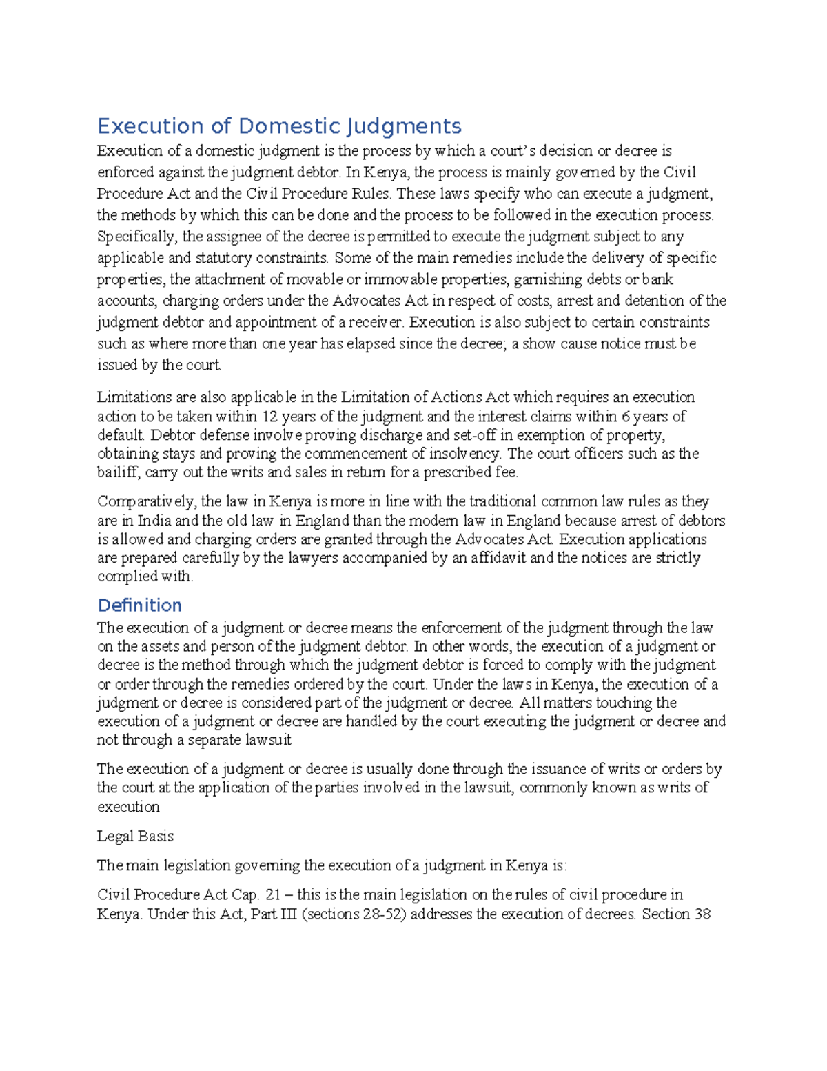 Execution of Domestic Judgments in Kenya: Legal Framework and ...