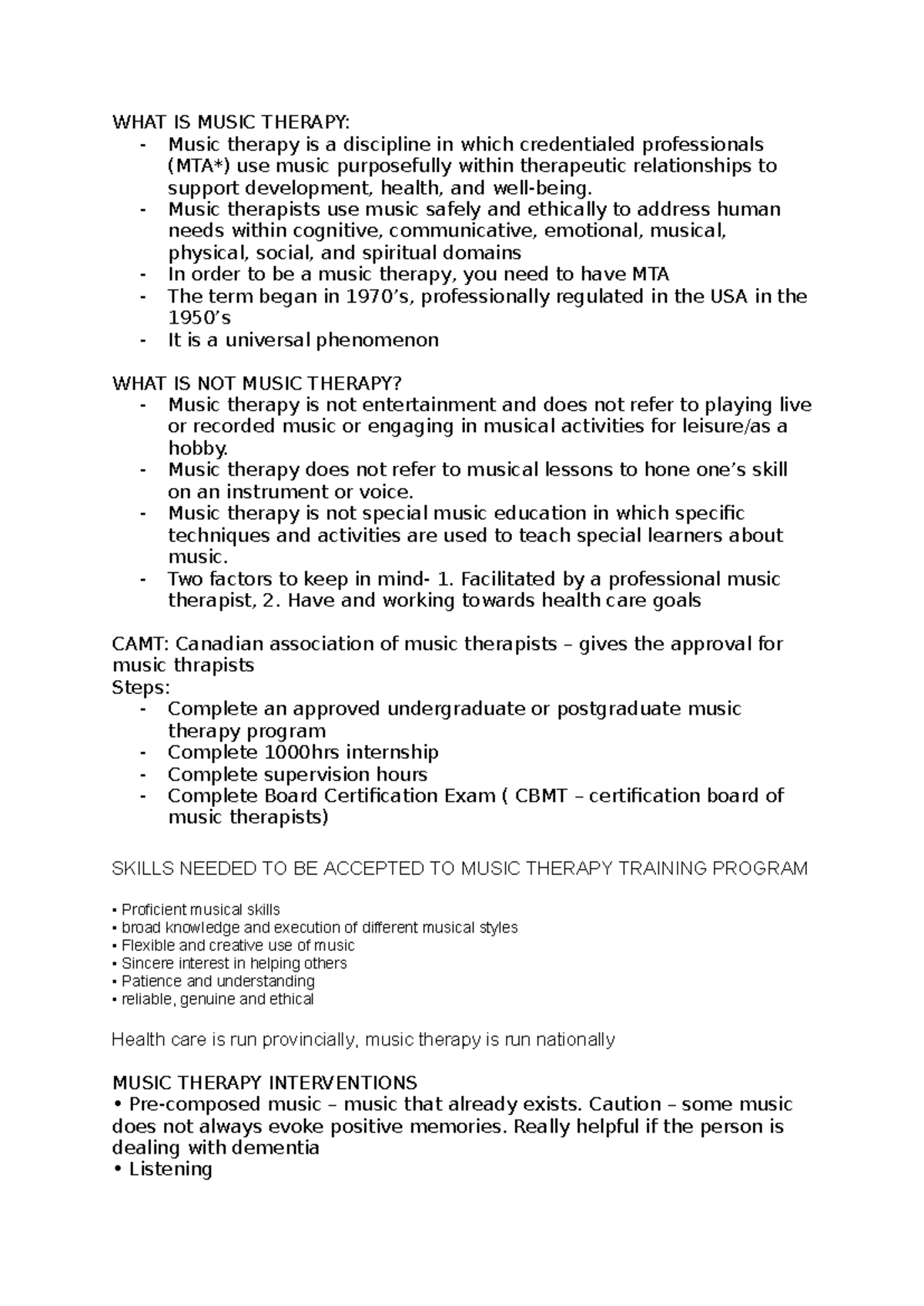 2MT3 - lecture notes- first 2 weeks - WHAT IS MUSIC THERAPY: - Music ...