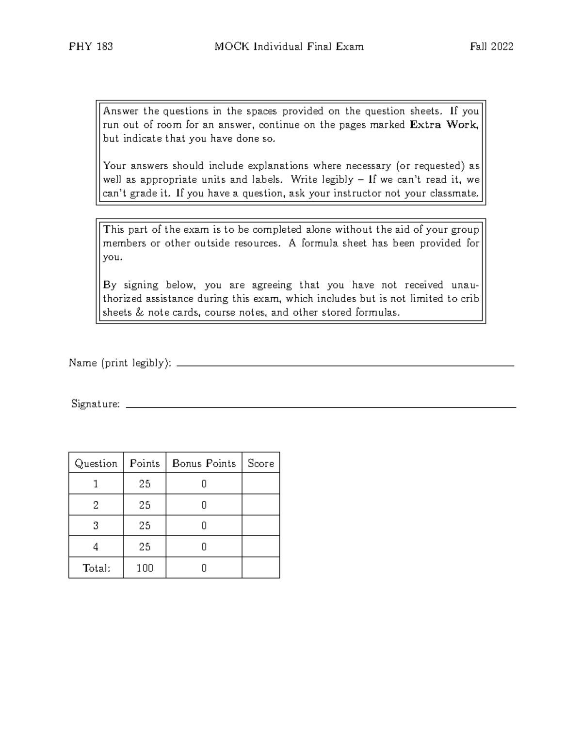 PHY 183 MOCK Individual Final Exam Answers - Fall 2022 - Studocu