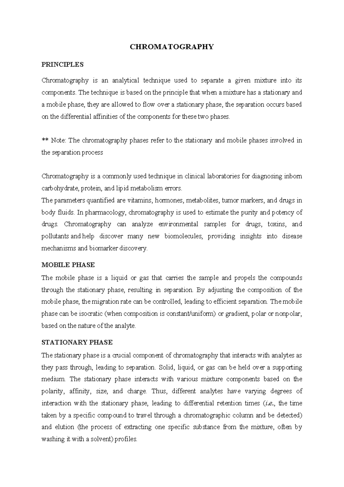 Chromatography Principles and Applications - Notes (CHEM 101) - Studocu