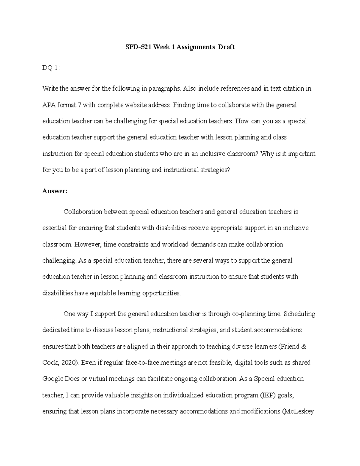 DQ 1 - SPD 521 Week 1: Supporting Collaboration in Inclusive Classrooms ...