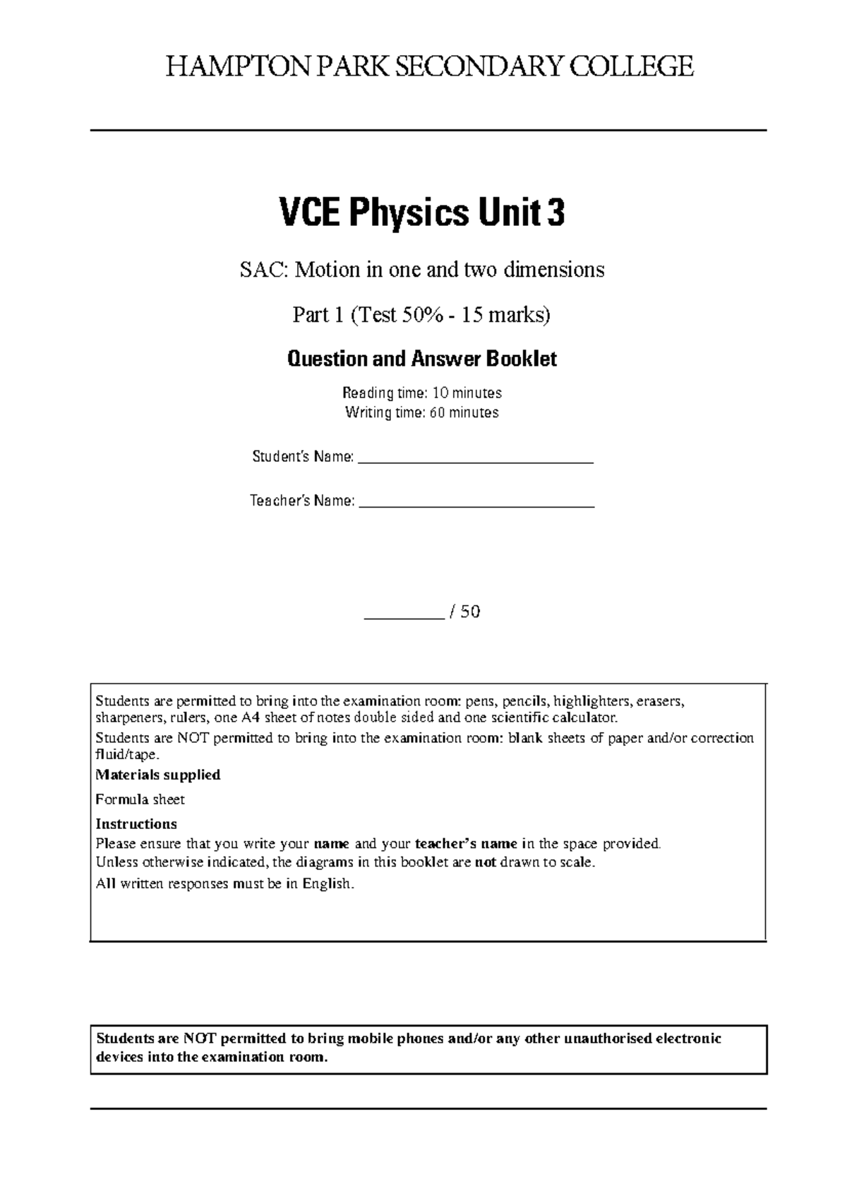 VCE Physics Unit 3 SAC: Motion in One and Two Dimensions Solutions ...