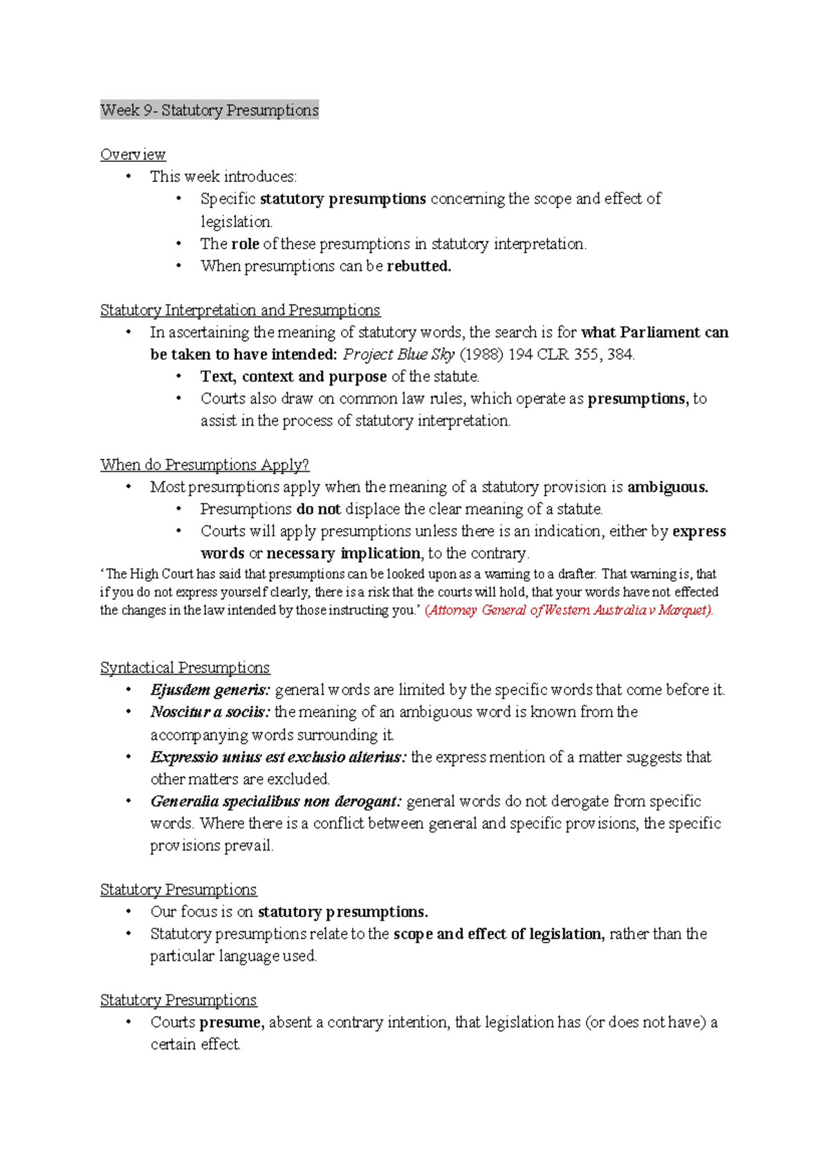 Week 9 Lecture Notes on Statutory Presumptions LLB107 9.1 9.2 - Studocu