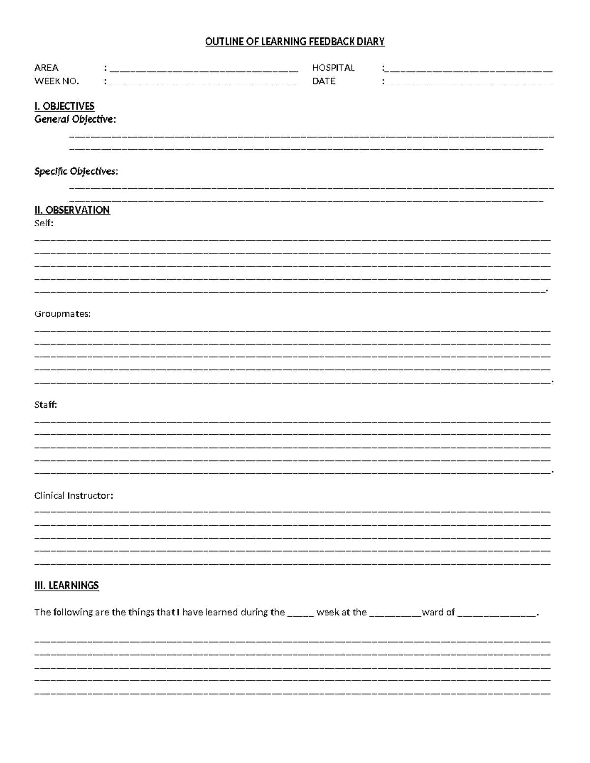 Learning Feedback Diary Outline: Week No. & Hospital Details - Studocu