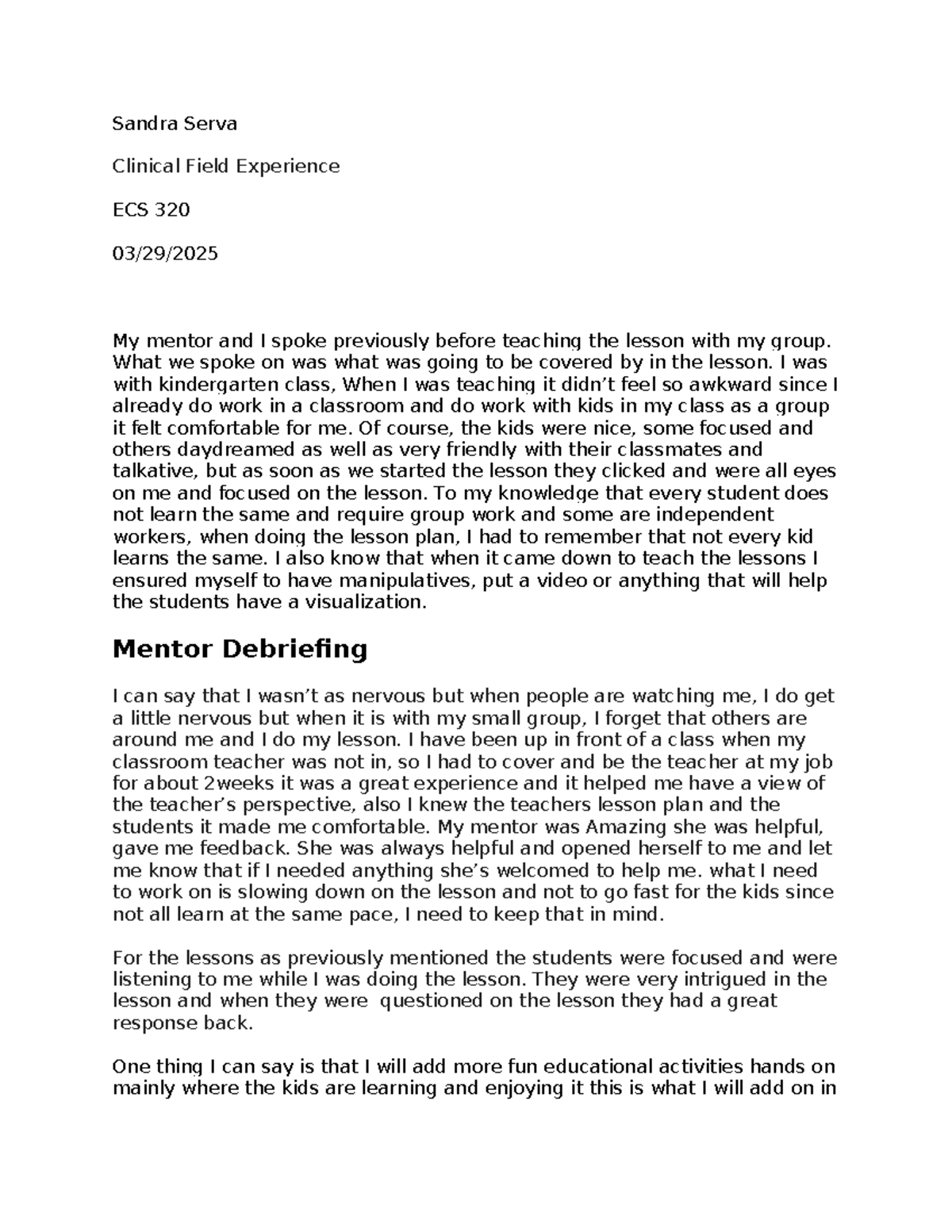 ECS 320 Clinical Field Experience Reflection and Insights - Studocu