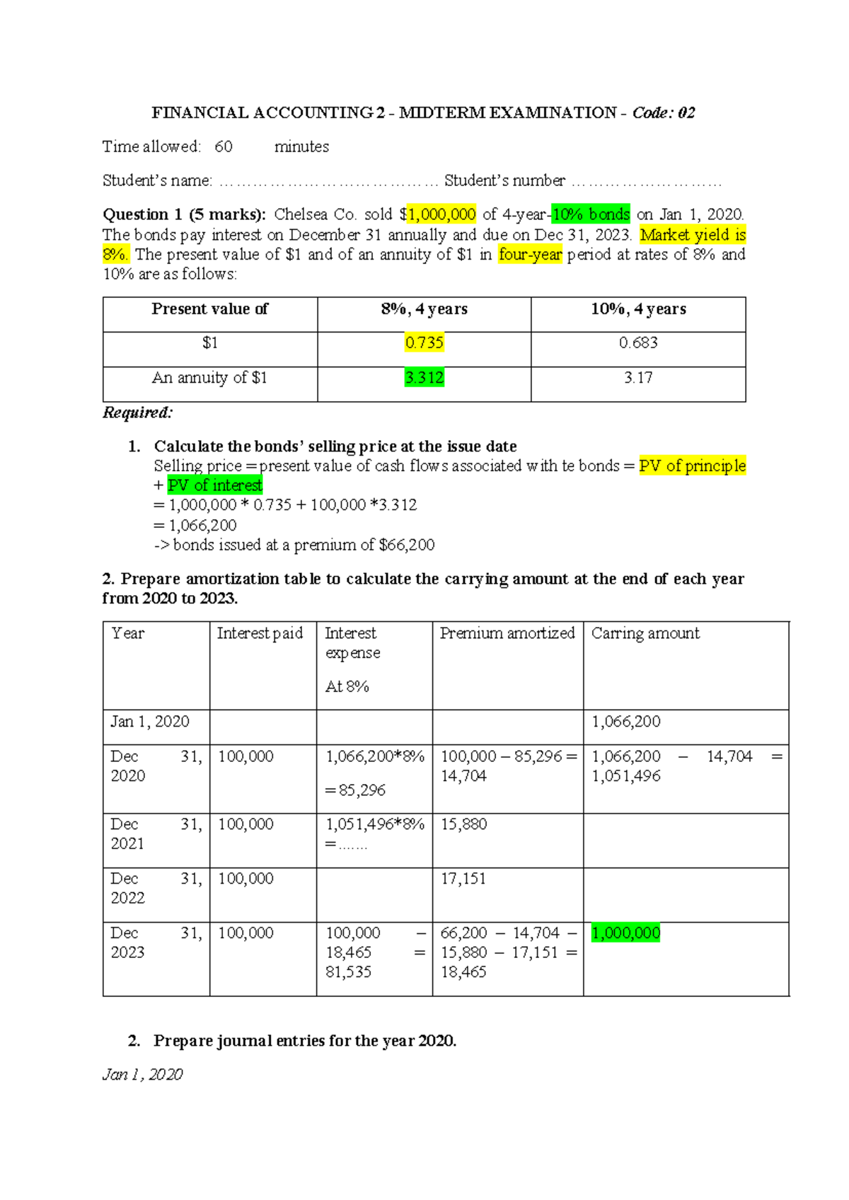 FA2 Midterm 2 - Mock Examination for Financial Accounting 2 - Studocu