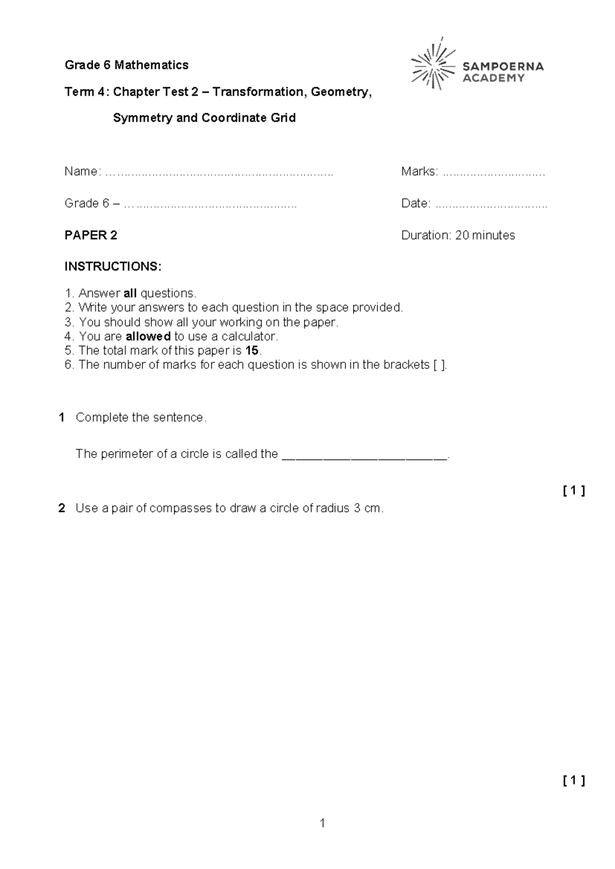 CT 2 G6 Math: Transformation, Geometry & Symmetry Test Paper 2 - Studocu