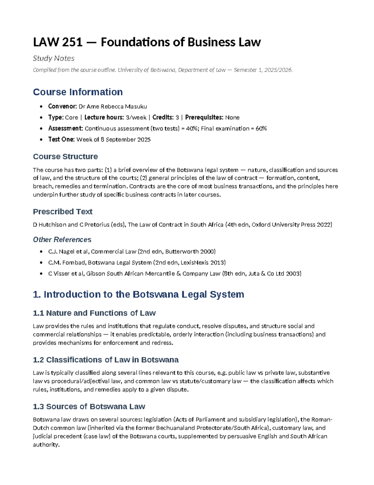 LAW 251 Final Exam Study Notes on Business Law Principles - Studocu